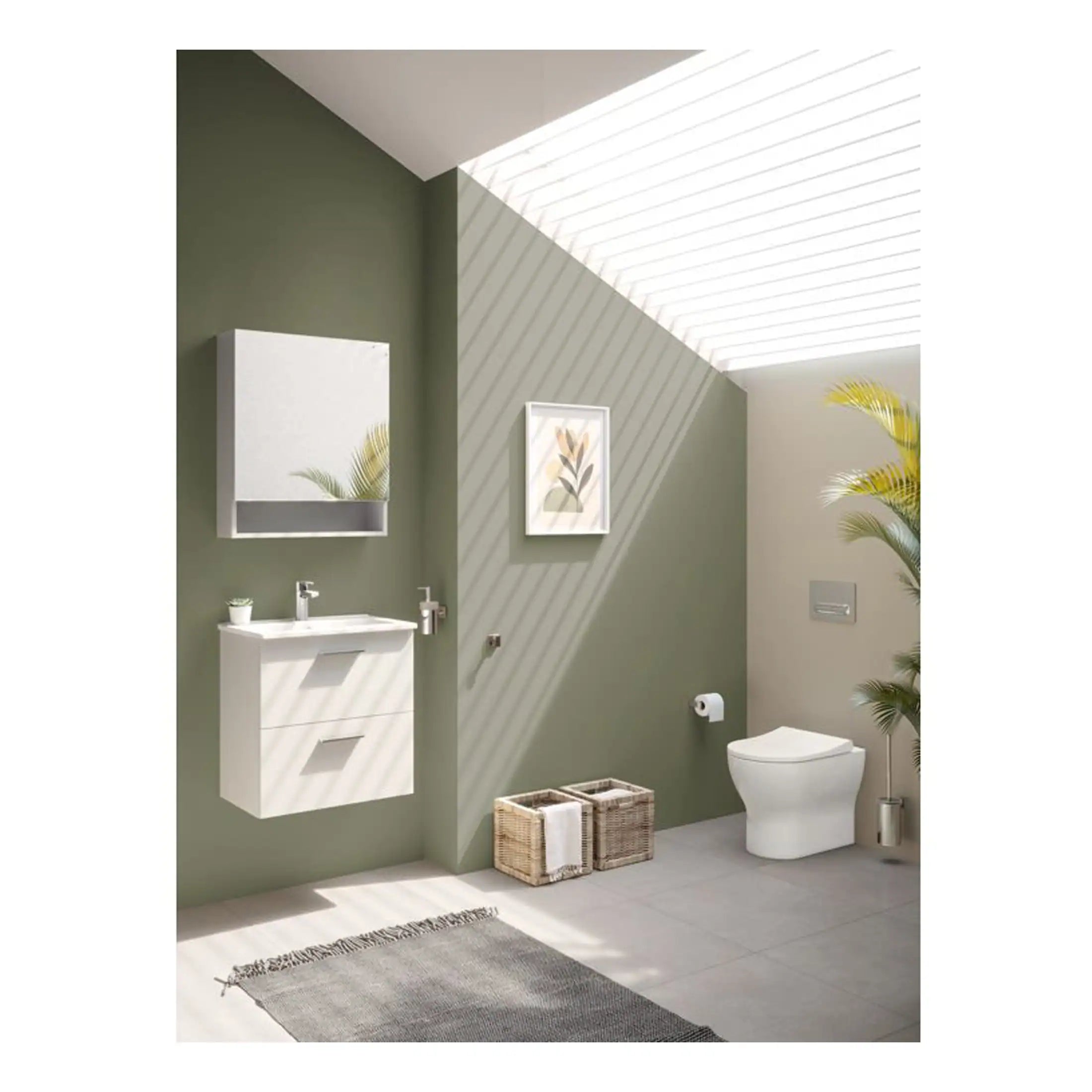 Bright modern bathroom with green accent wall, white vanity, wall-mounted mirror cabinet, decorative artwork, potted plants, wicker baskets, and a sleek toilet, illuminated by natural light and minimalist decor.