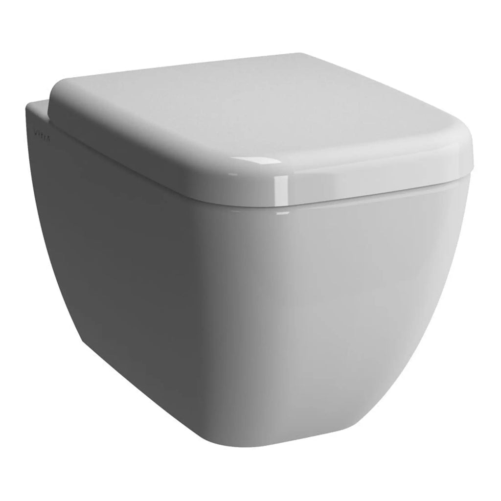 Sleek white modern toilet with a soft-close lid, perfect for contemporary bathroom upgrades. Designed for comfort and style, this high-quality fixture complements any bathroom decor.