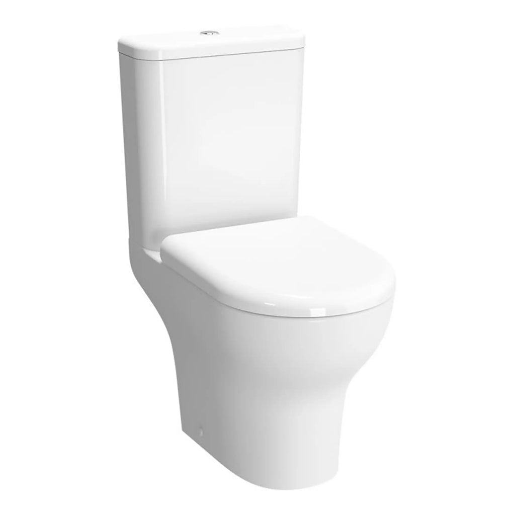 White modern toilet with dual-flush system, ideal for bathroom upgrades and water-saving measures. Suitable for residential or commercial bathrooms, featuring sleek design and durable ceramics.