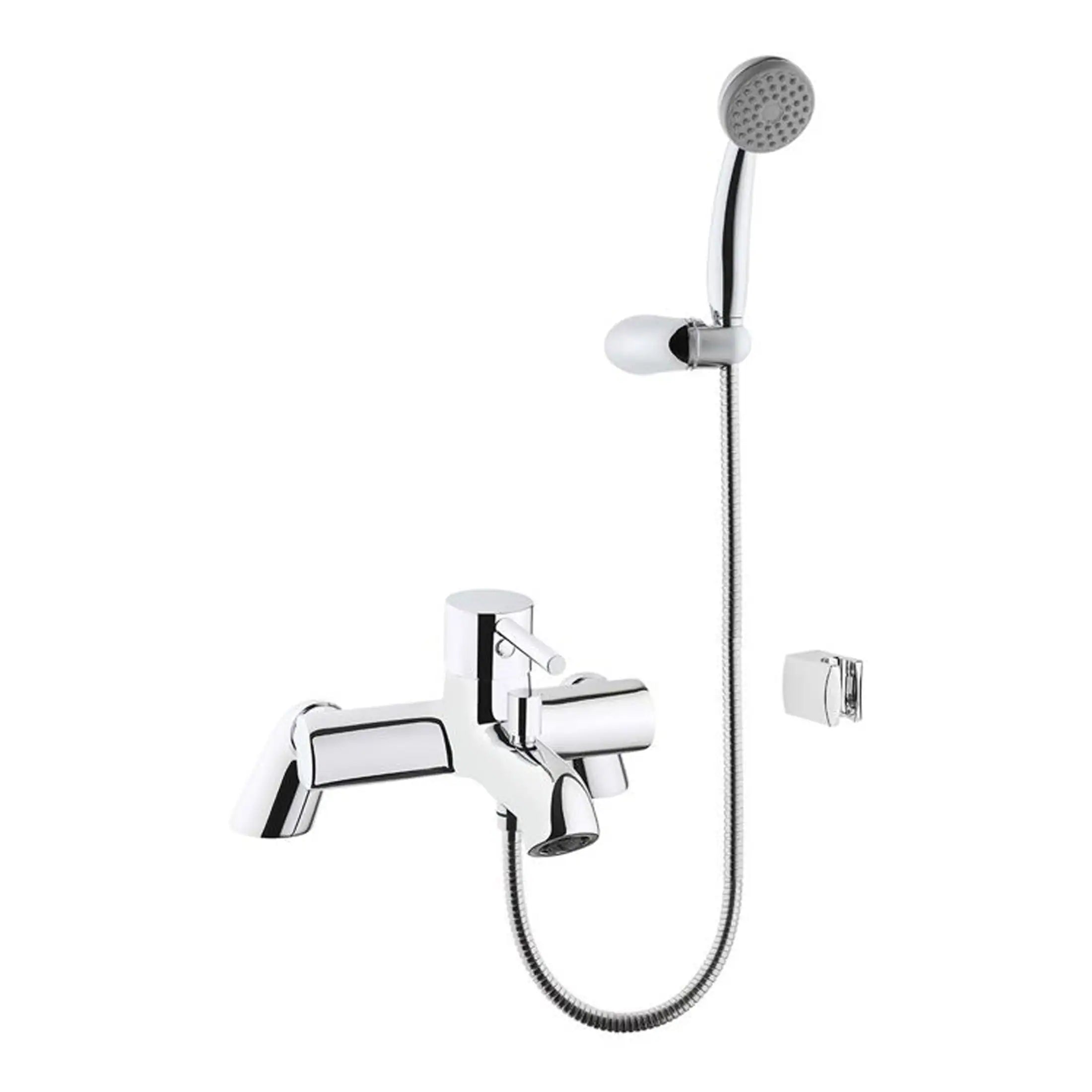 Shower mixer tap with flexible hose and handheld shower head, modern chrome bathroom faucet fixture from Bubly Bathrooms.