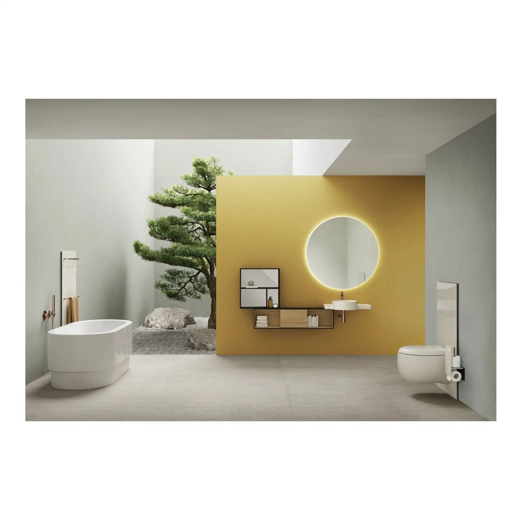 Modern minimalist bathroom design featuring free-standing bathtub, wall-mounted toilet, illuminated round mirror, and a Zen-inspired outdoor garden with a bonsai tree.