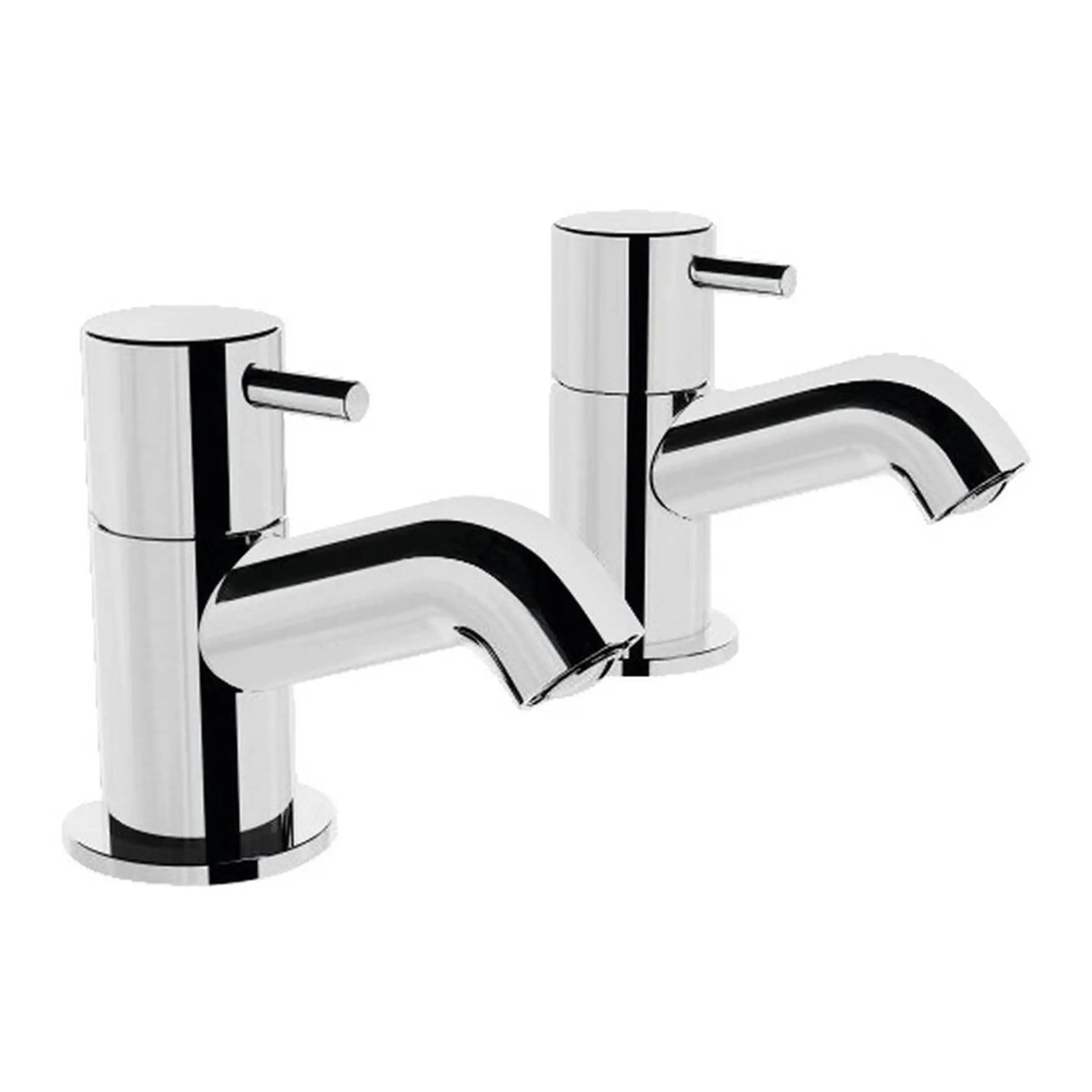 Flexible modern chrome bathroom tap set with two separate handles for hot and cold water, designed for stylish and functional bathroom sinks. Suitable for contemporary bathroom renovations.