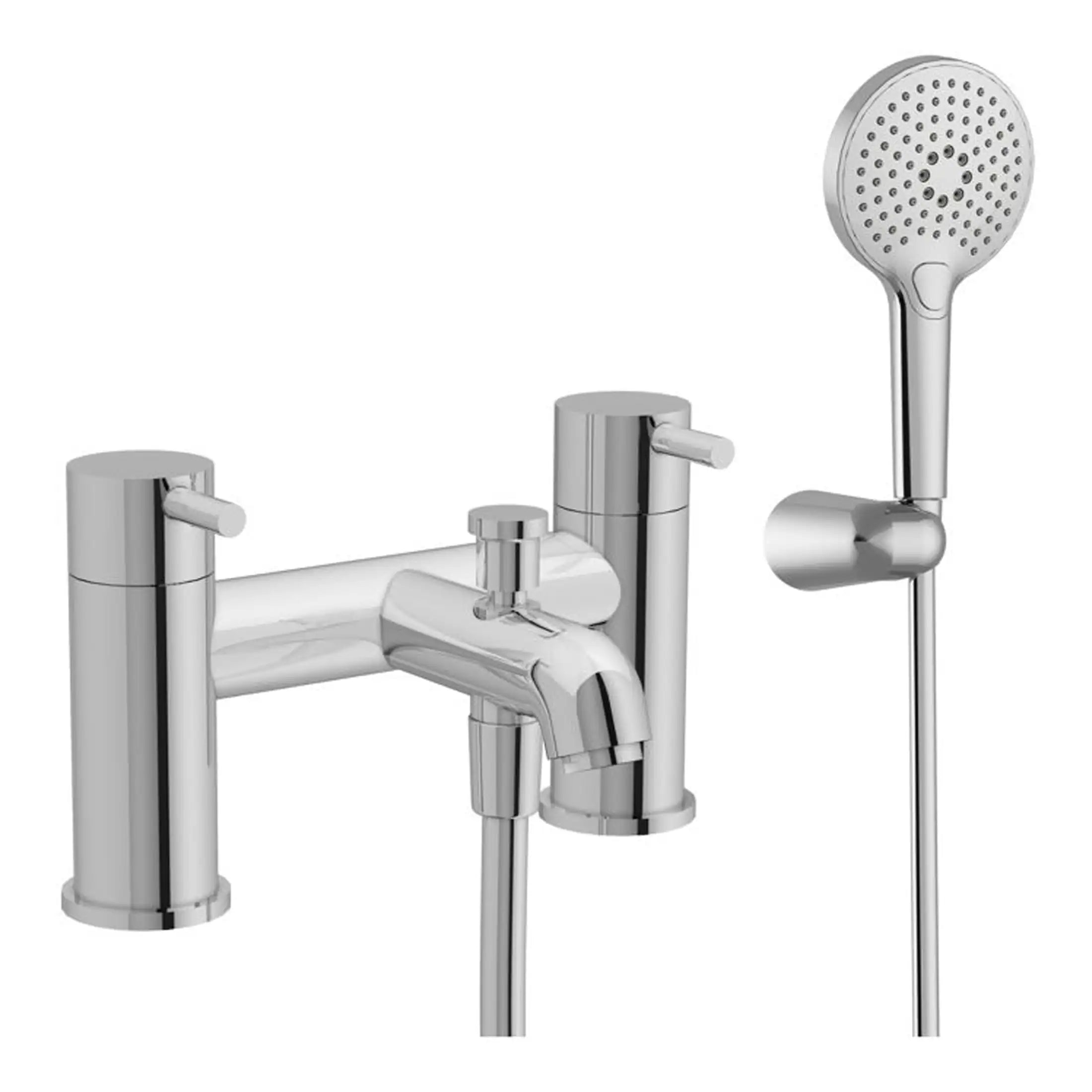 Chrome bathroom mixer tap with handheld shower head for modern bathroom installations.