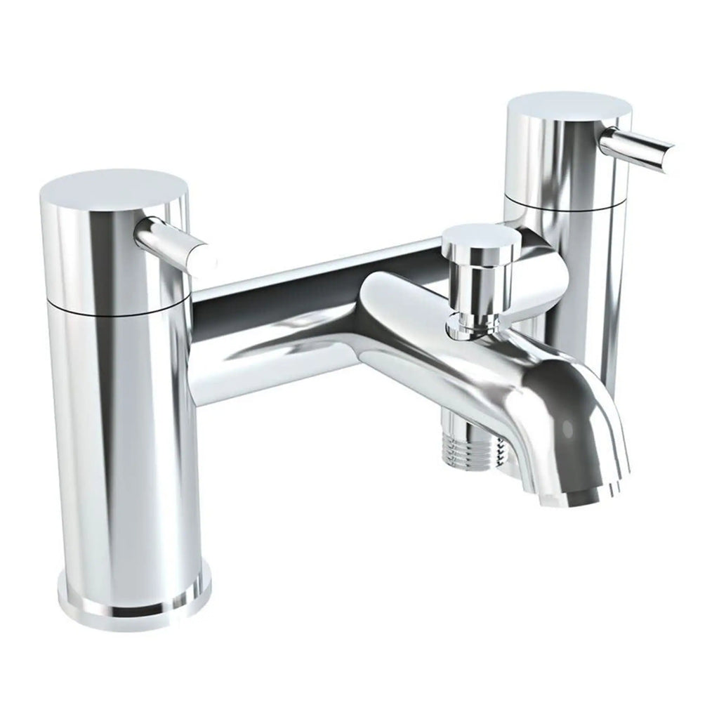 Brushed chrome bathroom mixer tap with dual output spouts, modern design, ideal for sink installation, durable and stylish fixtures for contemporary bathrooms.