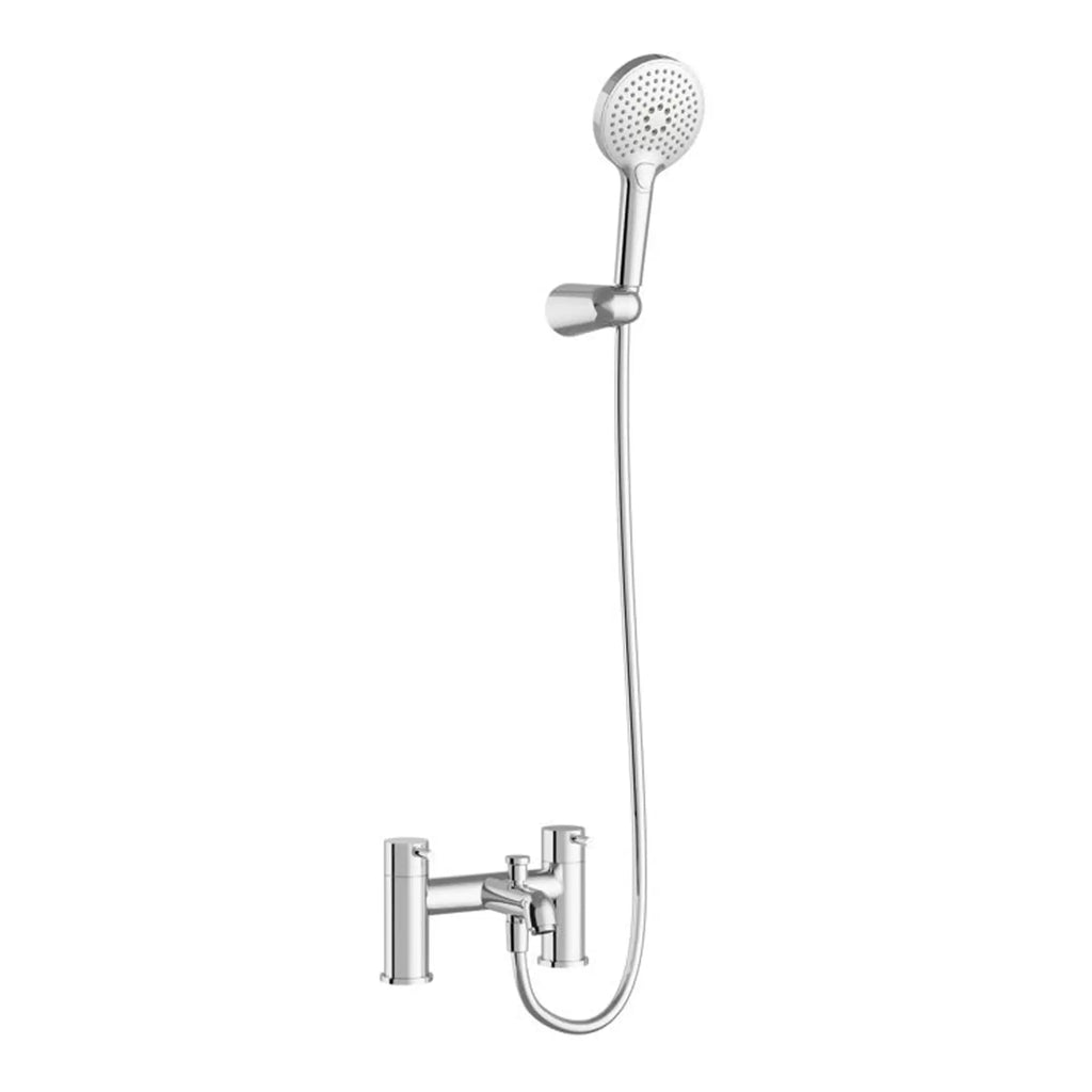 Sleek chrome bathroom shower fixture with handheld showerhead and dual-handle mixer tap, designed for modern bathrooms and versatile shower solutions.