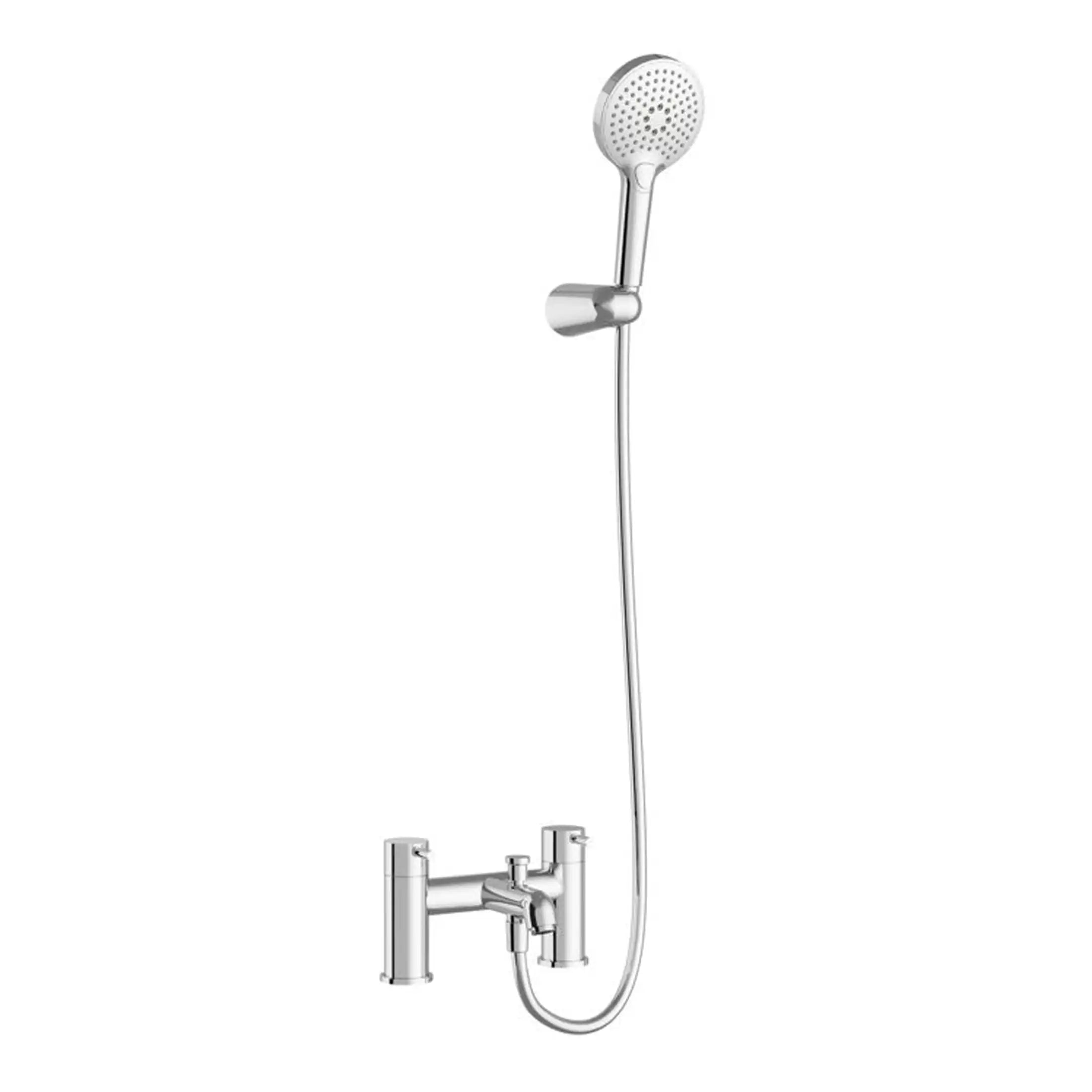 Sleek chrome bathroom shower fixture with handheld showerhead and dual-handle mixer tap, designed for modern bathrooms and versatile shower solutions.