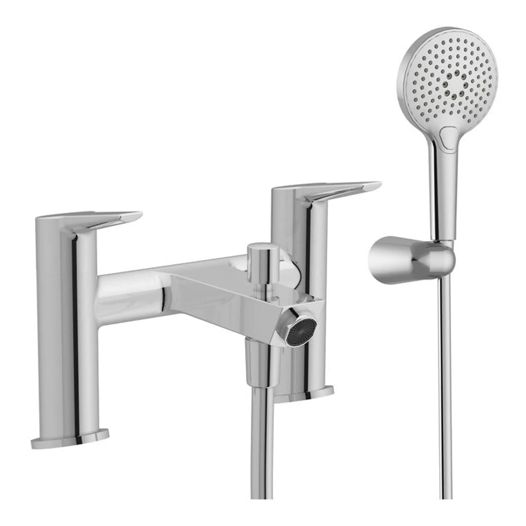 Sleek chrome bathroom mixer tap with matching handheld shower head, perfect for modern bathrooms and shower systems, combining style and functionality.