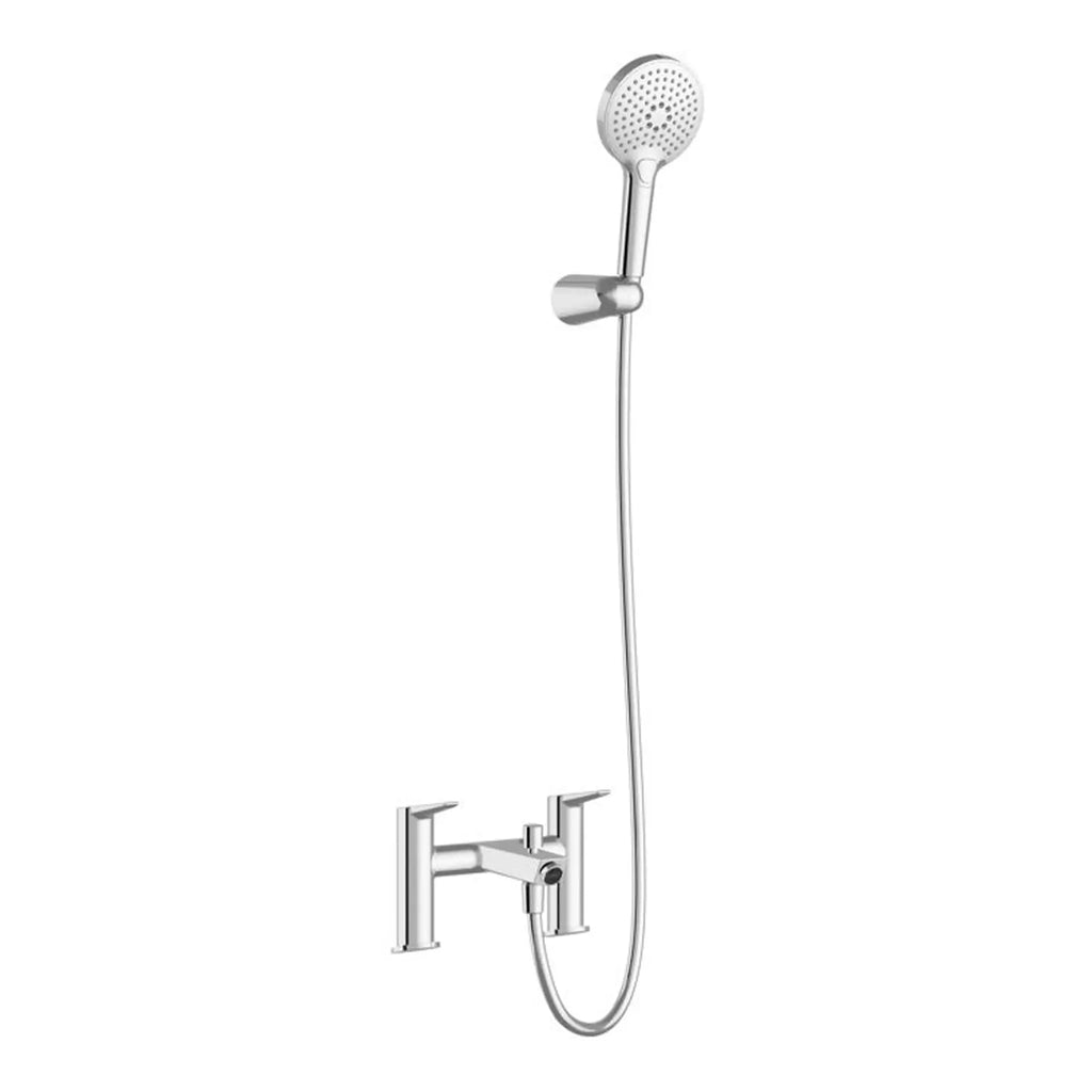 Showerhead with adjustable height and modern chrome finish, ideal for contemporary bathroom renovations and installations. Suitable for wall-mounted shower systems with bath and shower mixer taps.