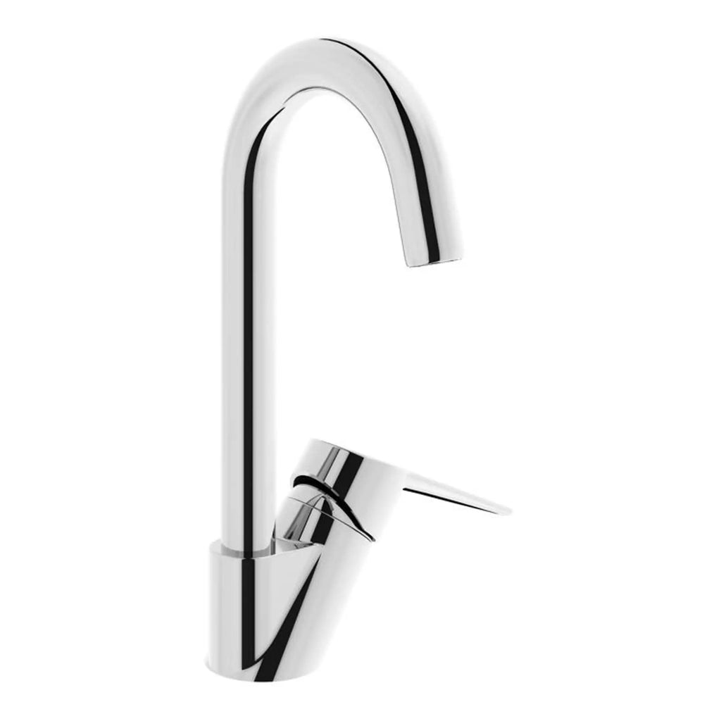 Sleek chrome kitchen or bathroom tap with high-arch spout and modern design. Perfect for contemporary kitchens or bathrooms, offering durability and style.