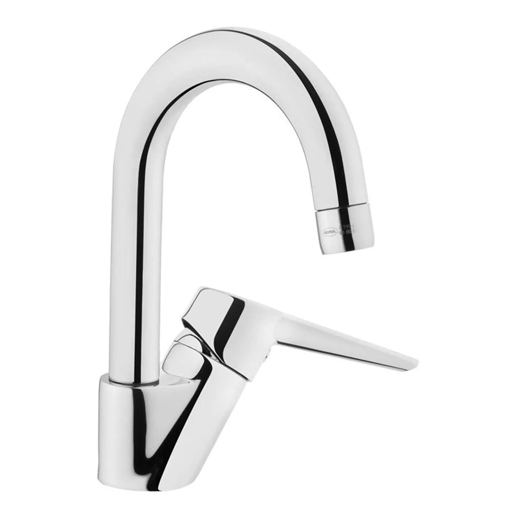 Sleek chrome kitchen tap, modern design perfect for stylish bathroom or kitchen renovation, featuring a high arc spout and single lever for easy water control.