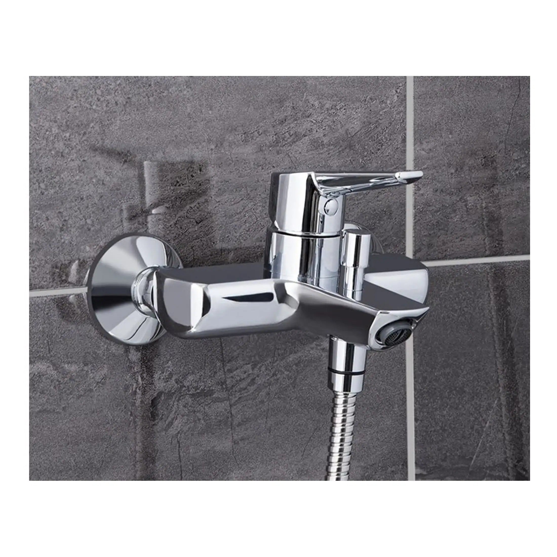 Chrome bathroom faucet with single lever and flexible hose, mounted on a grey tiled wall. Ideal for modern, stylish bathroom upgrades and efficient water control.