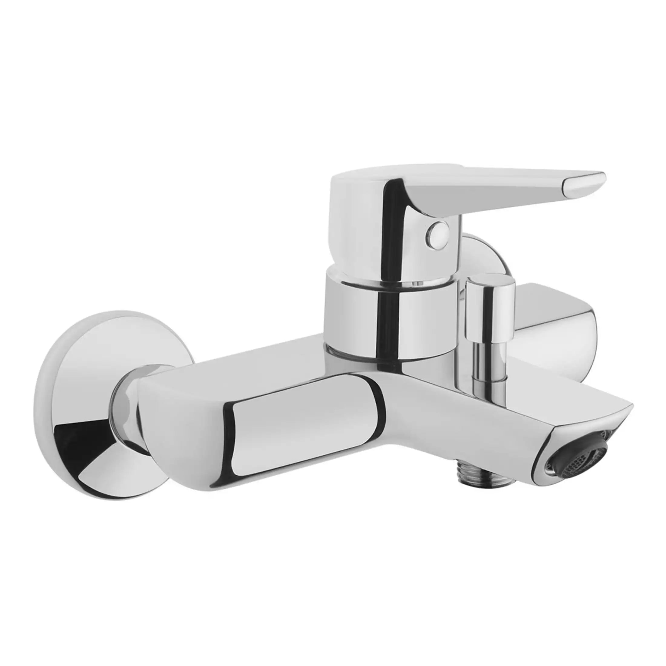 Shiny chrome bathroom mixer tap with ergonomic lever handle, suitable for modern bathrooms, designed for easy control of water flow and temperature, compatible with various plumbing setups.