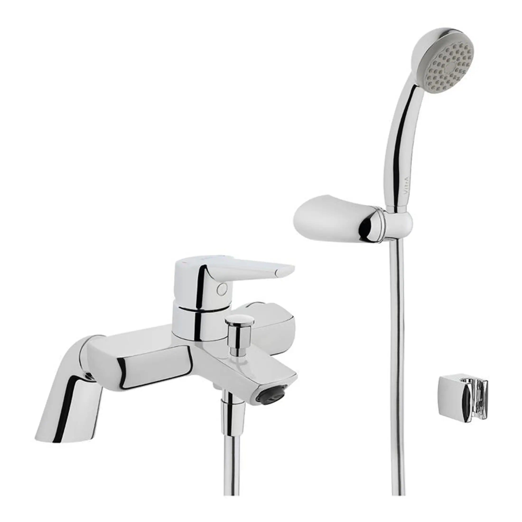 Sleek white and chrome bathroom tap and handheld showerhead set, ideal for modern bathroom designs with durable fixtures and easy installation. Perfect for baths and shower combo setups.