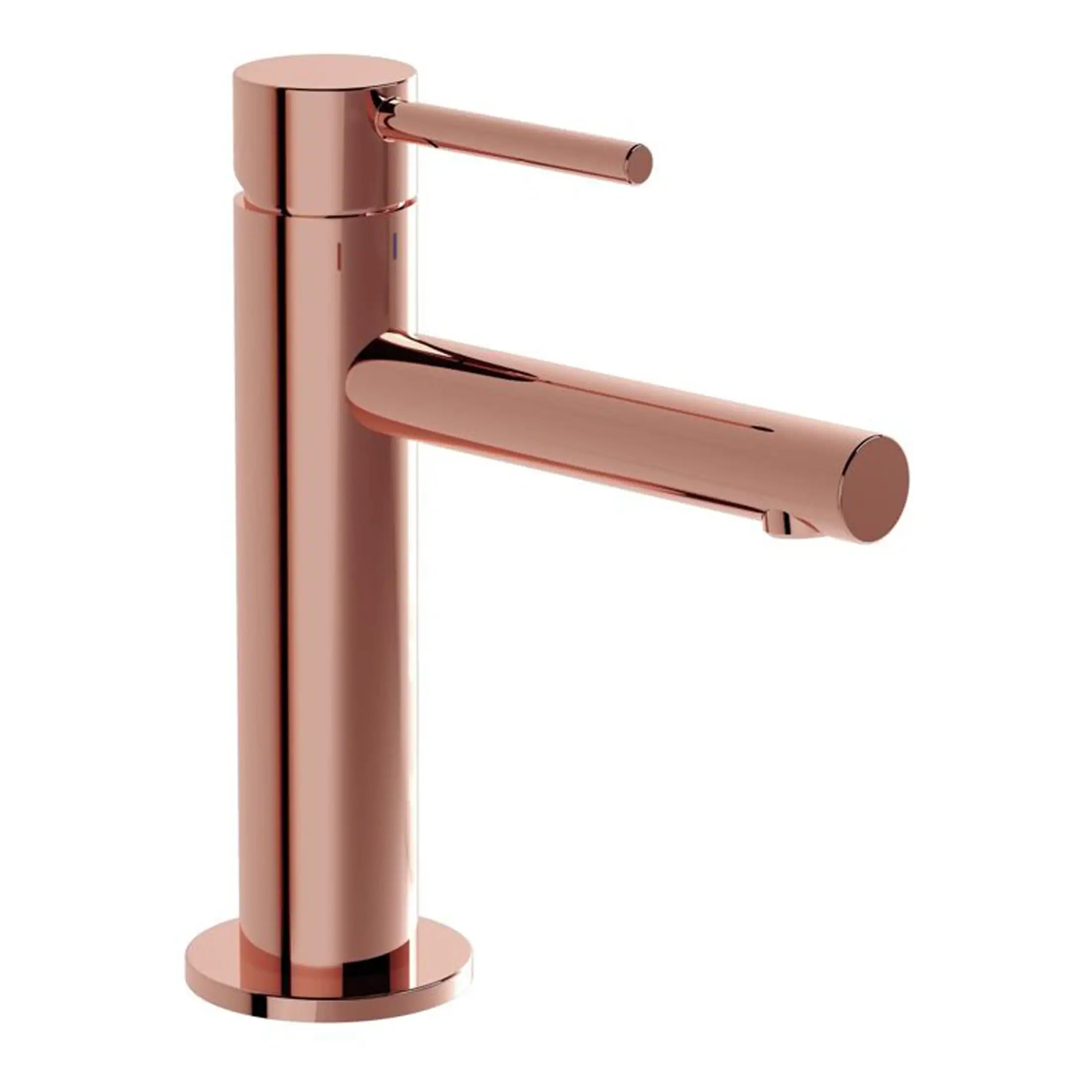 Polished rose gold bathroom sink tap with modern minimalist design.