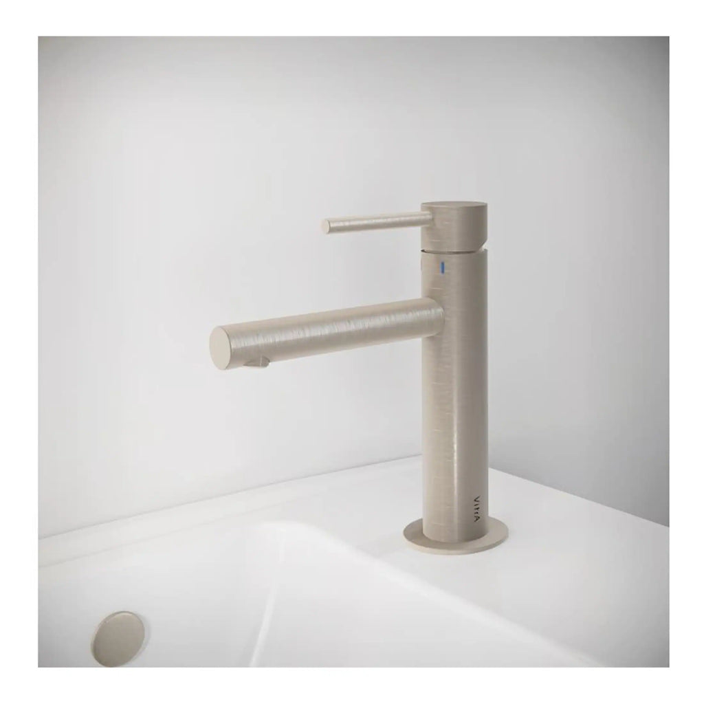 Sleek modern bathroom mixer tap in brushed nickel finish designed for contemporary bathrooms with minimalistic style.