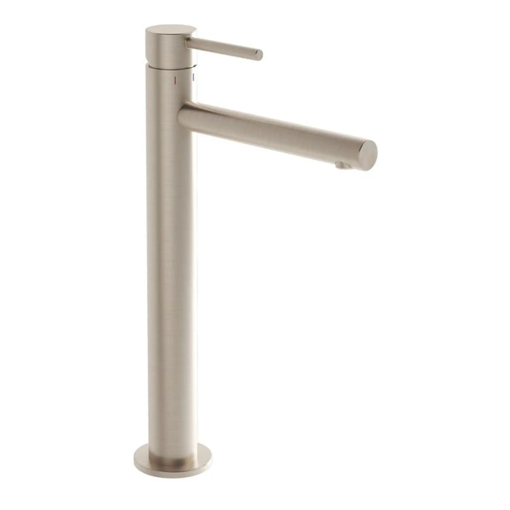 Sleek brushed stainless steel bathroom tap with modern design, single lever for easy temperature control, ideal for contemporary bathroom sinks and washbasins.