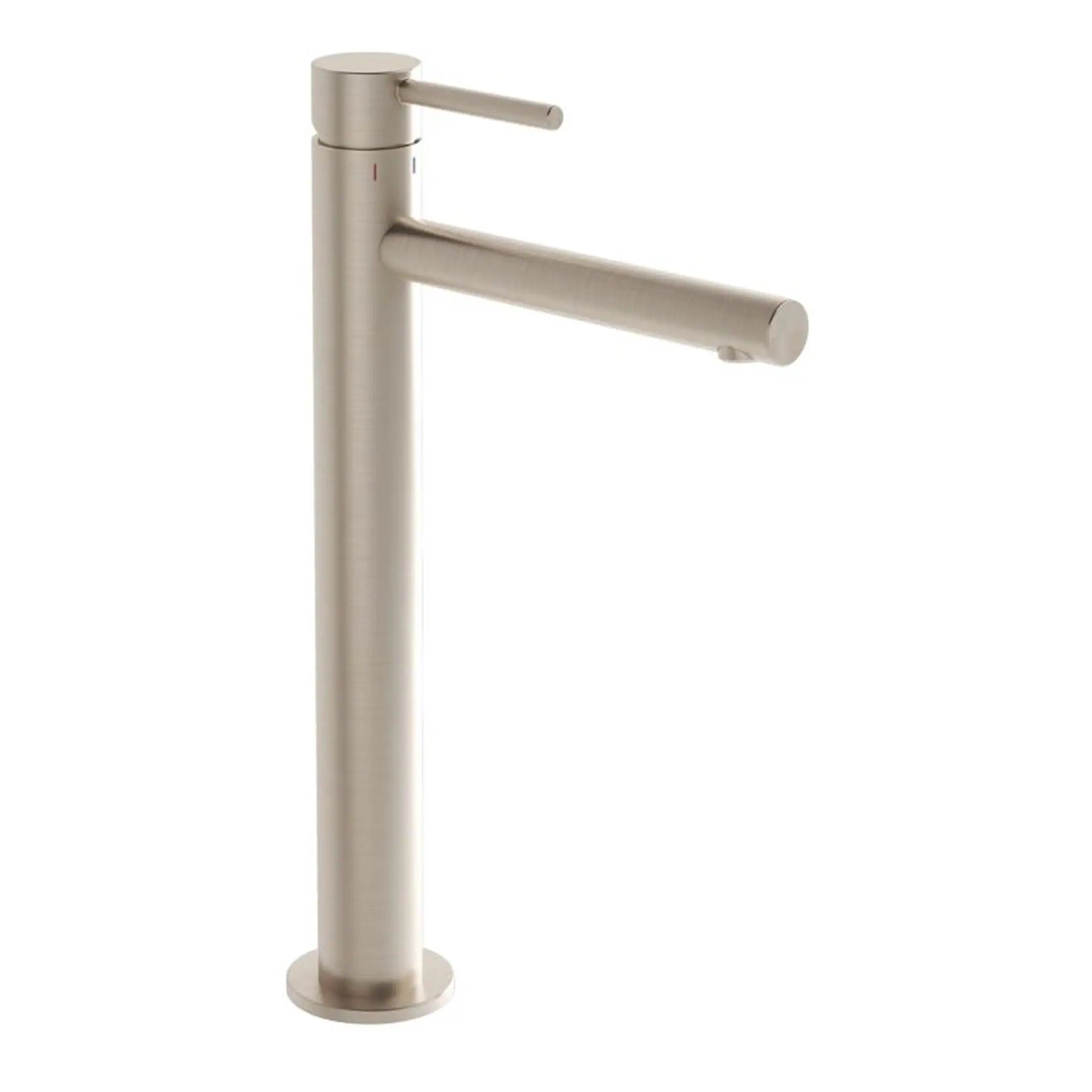 Sleek brushed stainless steel bathroom tap with modern design, single lever for easy temperature control, ideal for contemporary bathroom sinks and washbasins.