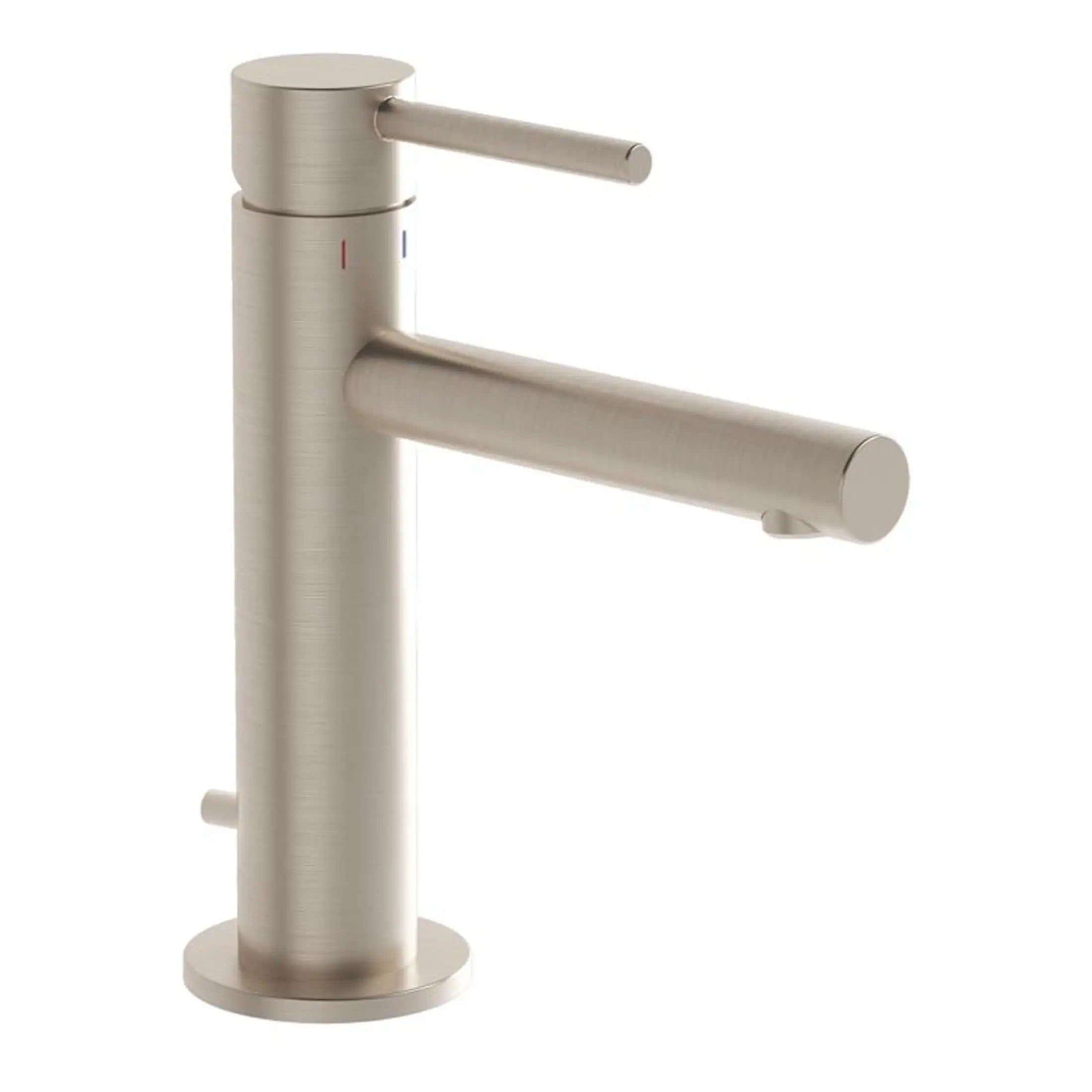 Sleek modern stainless steel bathroom tap with a minimalist design, single handle for easy temperature control, ideal for contemporary bathroom or kitchen setups.