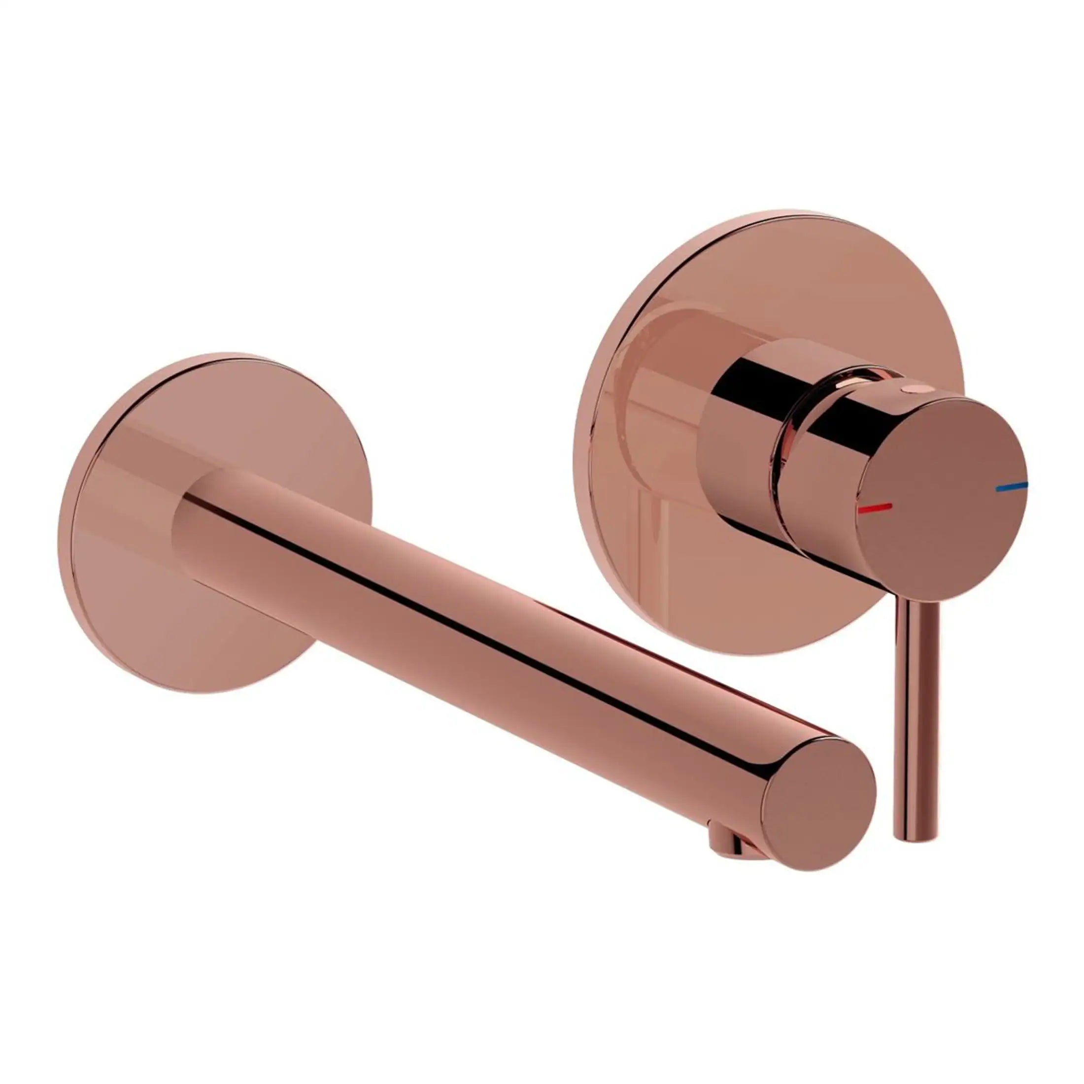 Polished rose gold wall-mounted bathroom tap with temperature control knob and modern design. Ideal for sleek and contemporary bathroom decor, providing both style and functionality.
