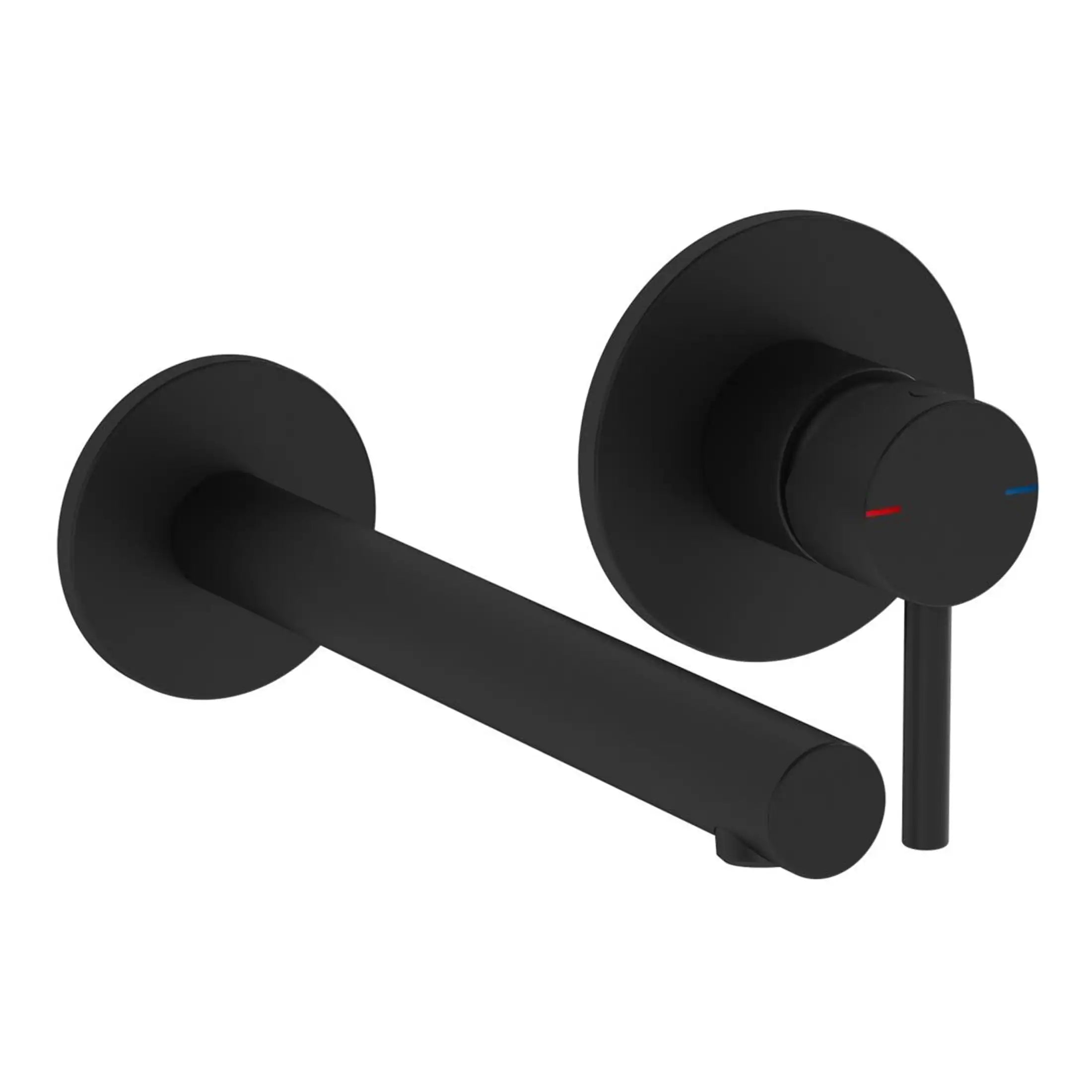 Sleek black wall-mounted bathroom faucet with single lever control and adjustable temperature for modern bathroom design. Perfect for contemporary bathrooms seeking minimalist fixtures.