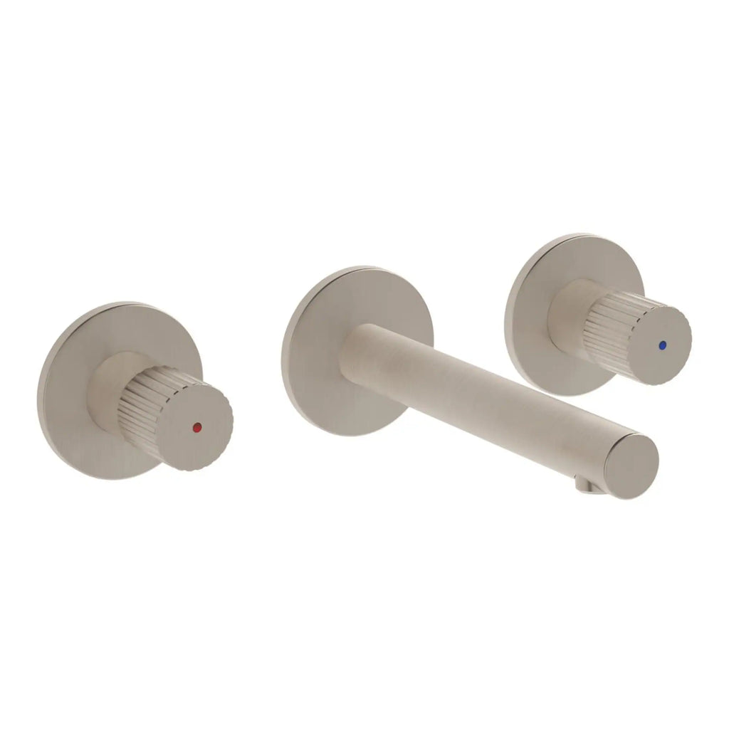 Smooth grey bathroom mixer tap with two control handles and a spout, modern design for stylish bathroom or ensuite installations. Suitable for hot and cold water mixing.