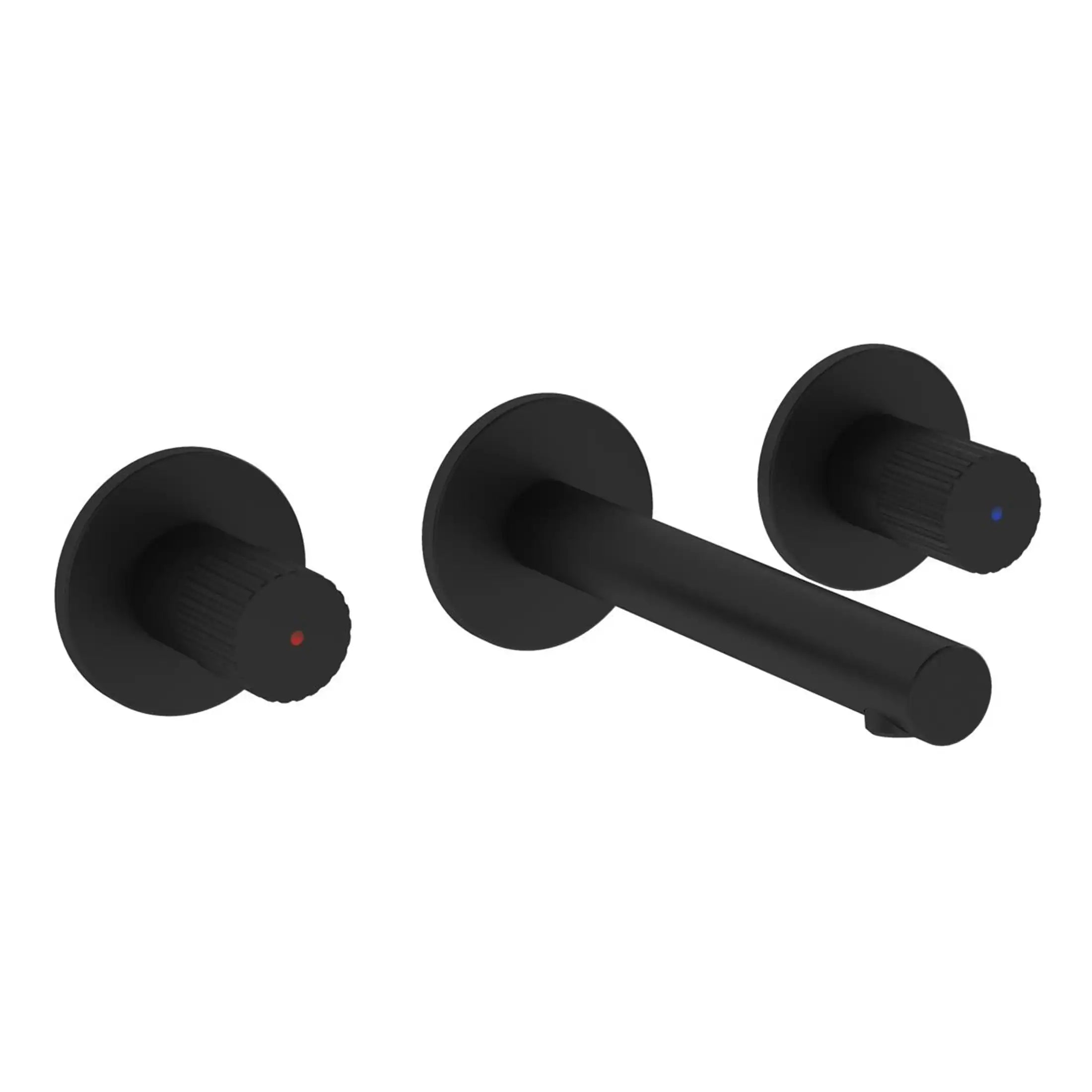 Black bathroom fixtures set with control knobs and a lever, modern style for elegant bathroom accessories.