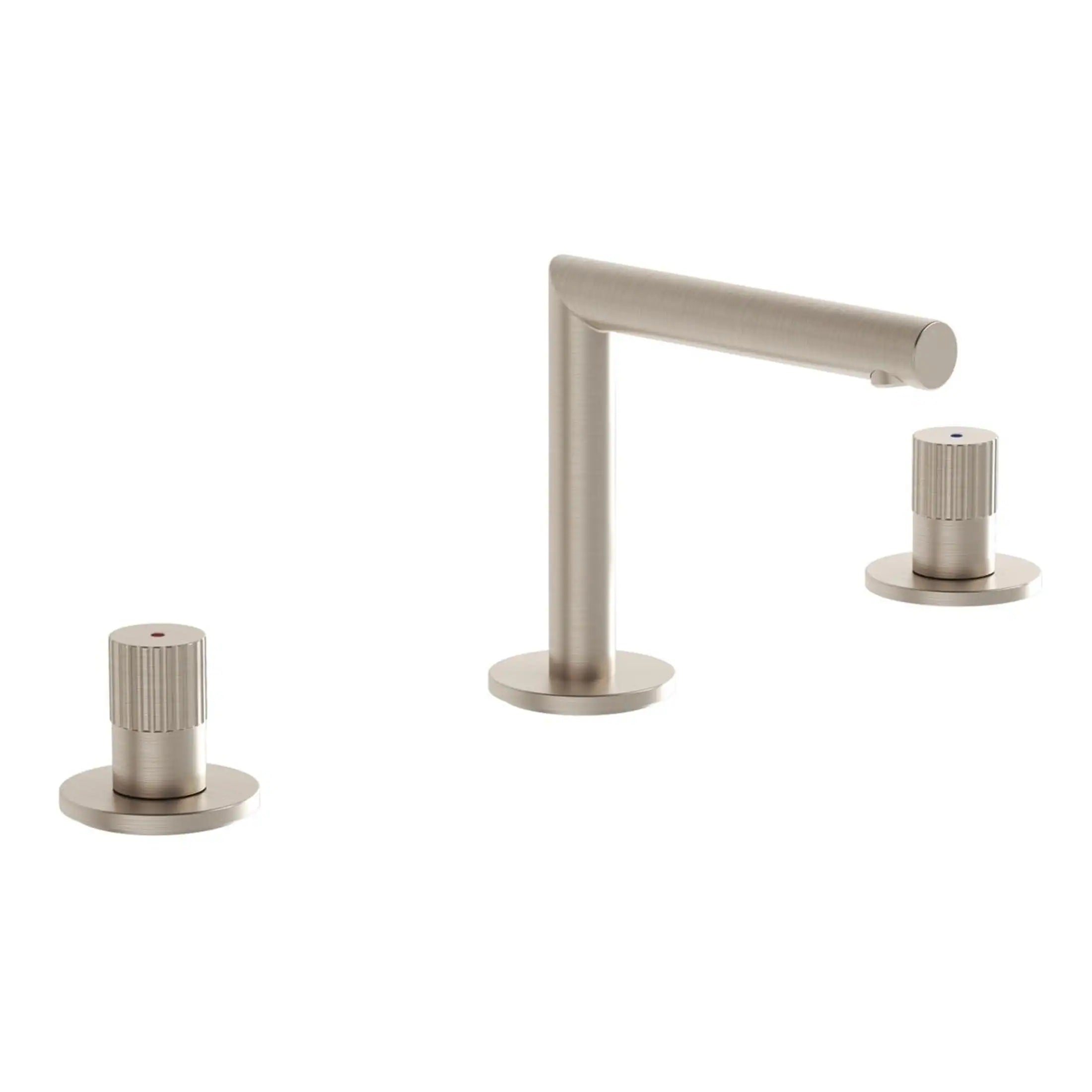 Modern brushed stainless steel bathroom mixer tap with separate hot and cold control knobs, ideal for contemporary bathroom settings.