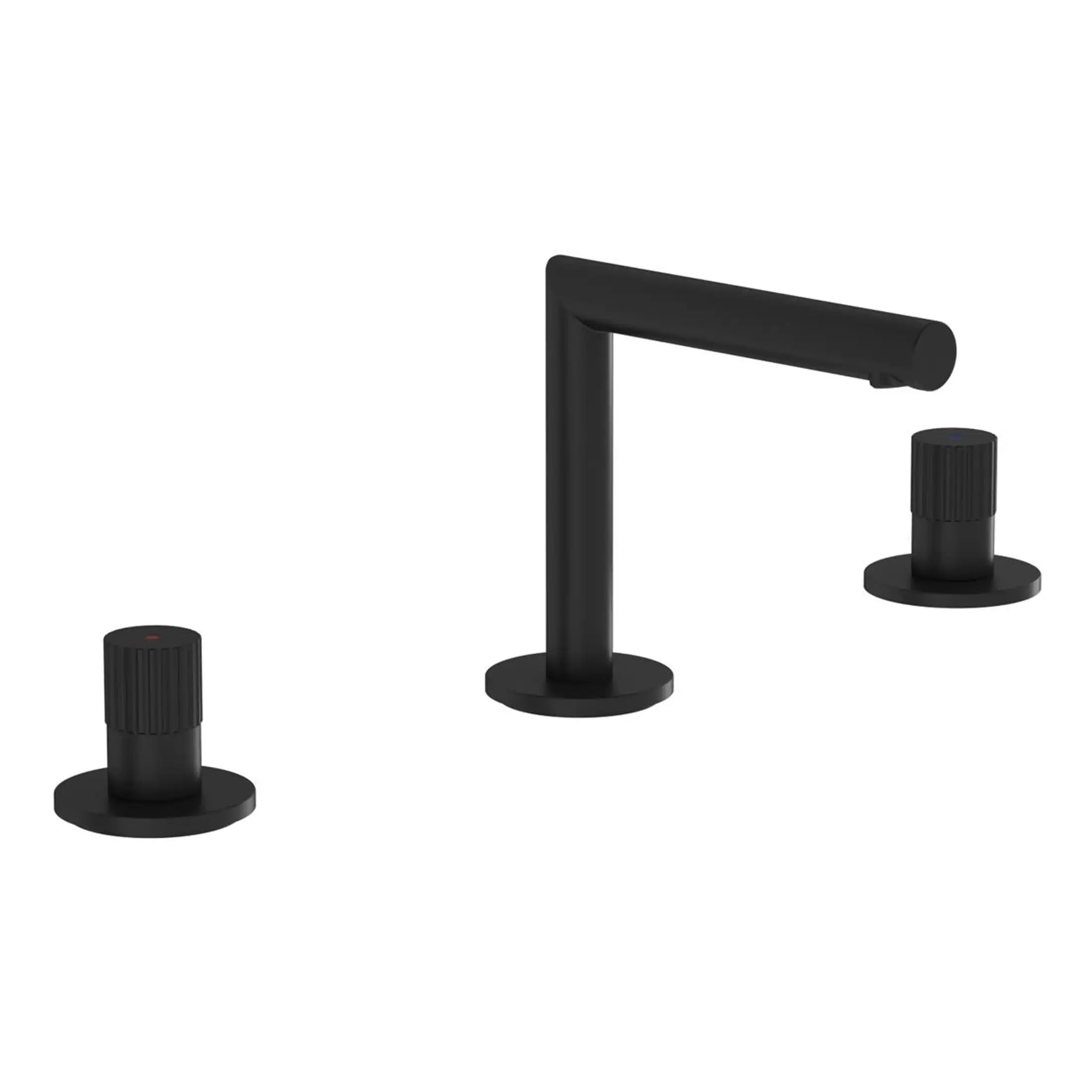 Minimalist black bathroom tap with two matching control knobs, modern design, suitable for contemporary bathrooms, durable matte finish, easy to operate, perfect for adding sleek style.