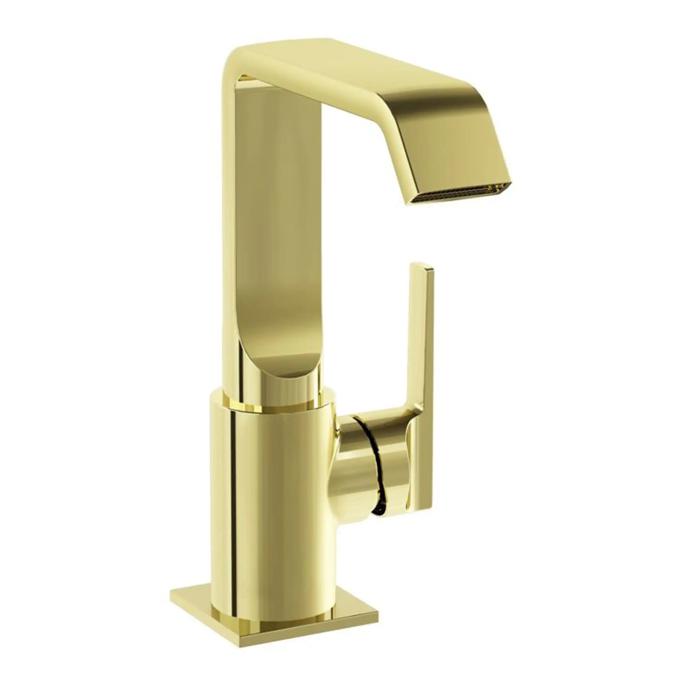 Brass bathroom mixer tap, modern sleek design with gold finish, suitable for contemporary bathroom sinks, high-quality fixtures from Bubly Bathrooms UK.