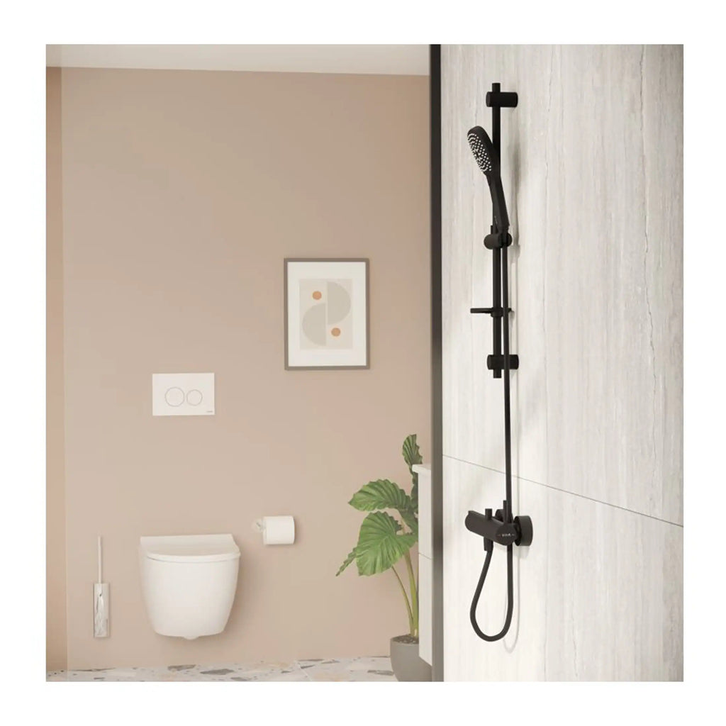 Modern black shower panel with handheld shower head in contemporary bathroom setting.