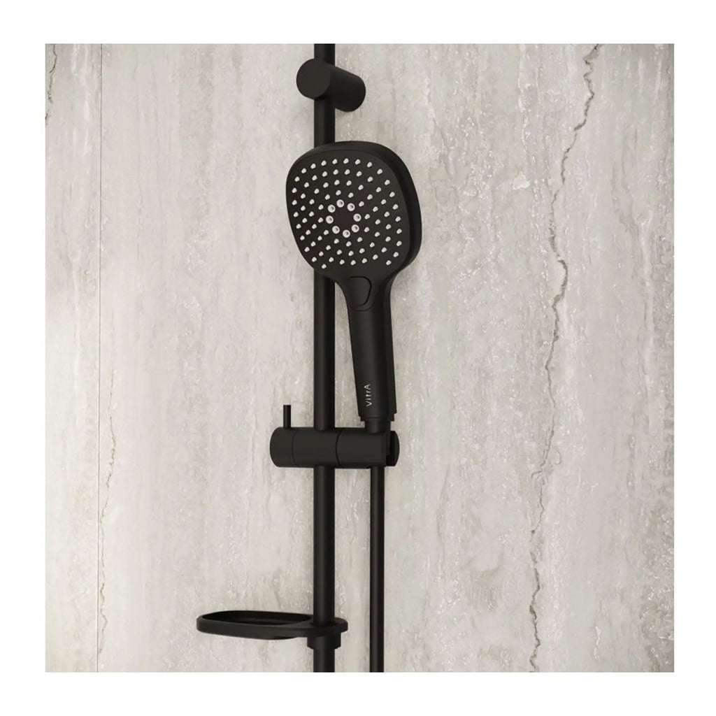Sleek black rainfall shower head and handheld shower combo in a modern bathroom setting. Perfect for luxurious shower experiences, featuring high-quality fixtures from Bubly Bathrooms.