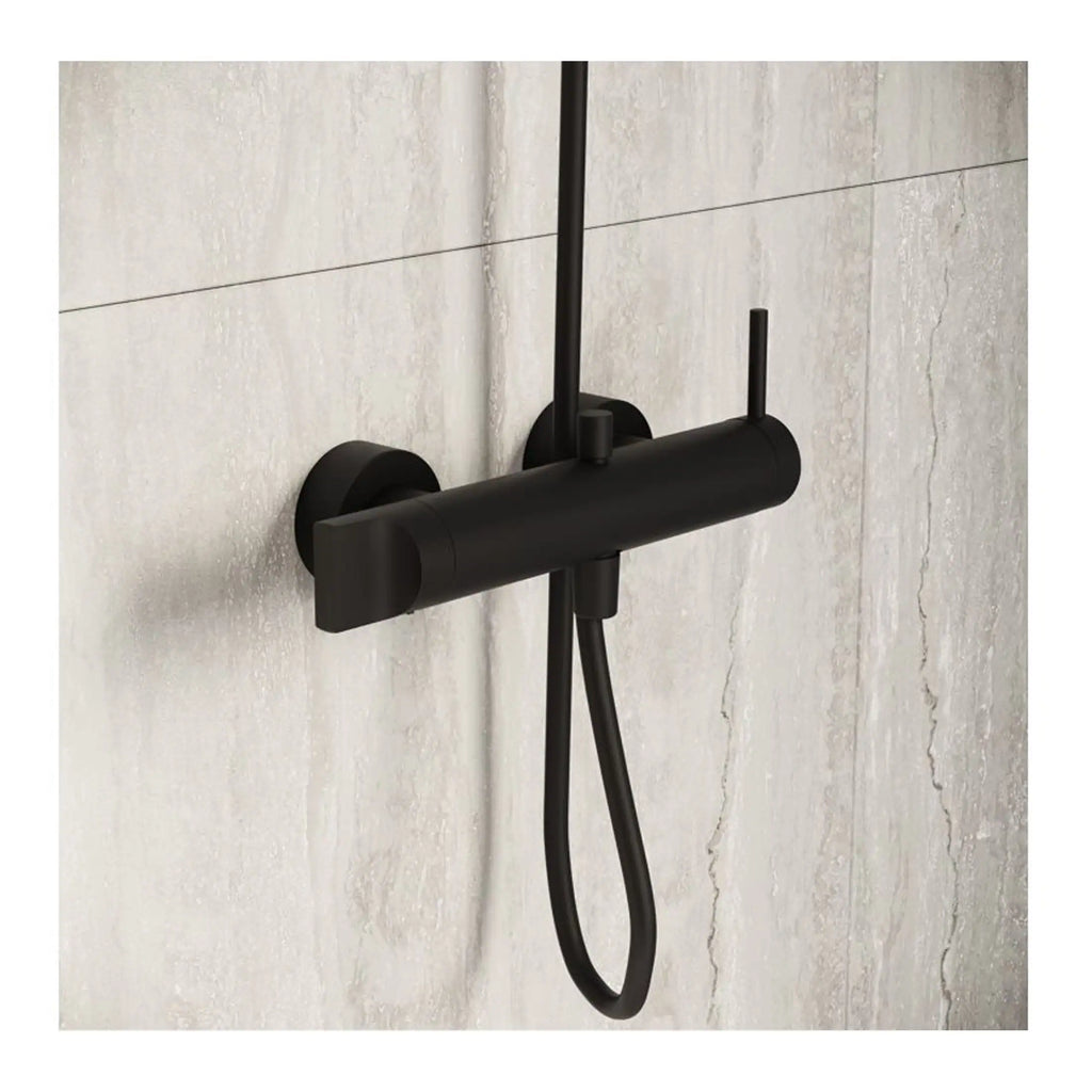 Sleek black wall-mounted bathroom shower mixer with a modern minimalist design, perfect for contemporary bathrooms and easy to install for a stylish, functional shower experience.