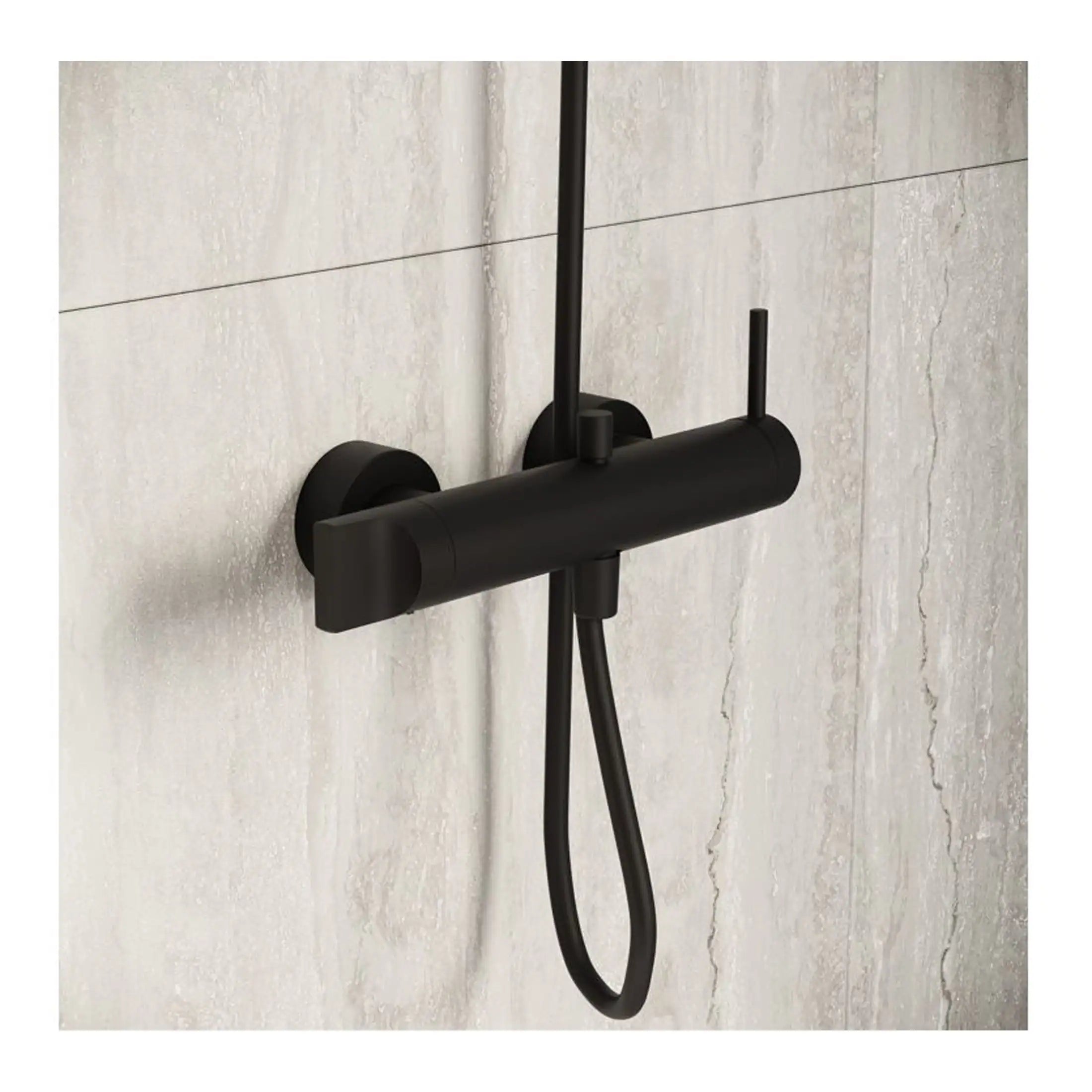 Sleek black wall-mounted bathroom shower mixer with a modern minimalist design, perfect for contemporary bathrooms and easy to install for a stylish, functional shower experience.