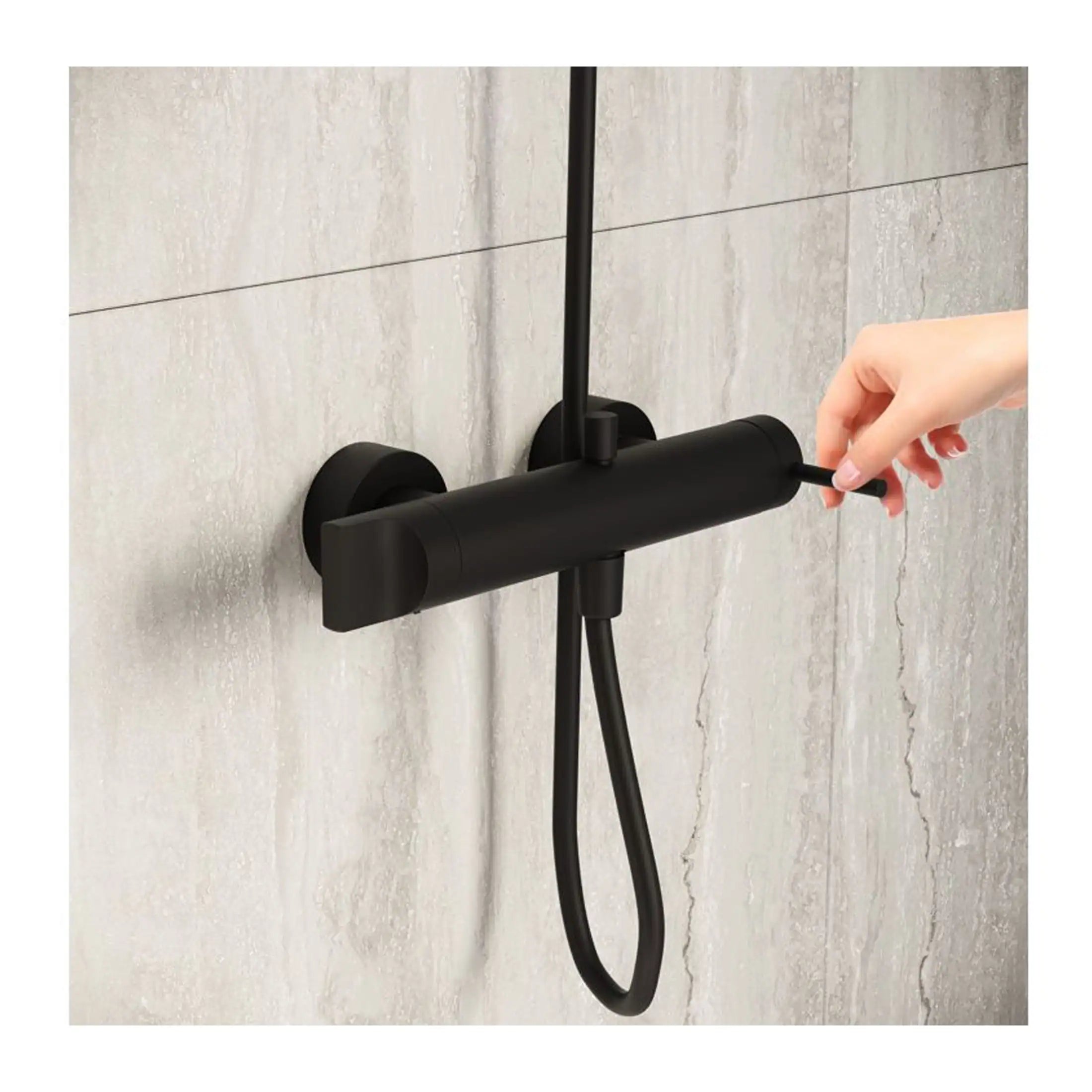 Sleek black wall-mounted shower mixer with handheld shower attachment, modern bathroom design, and easy-to-use lever control. Perfect for stylish and functional bathroom upgrades.