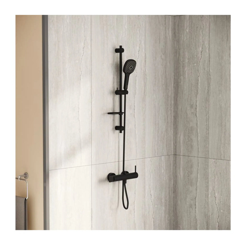 Modern black shower panel with handheld showerhead and adjustable storage shelf, designed for stylish and functional bathroom upgrades.