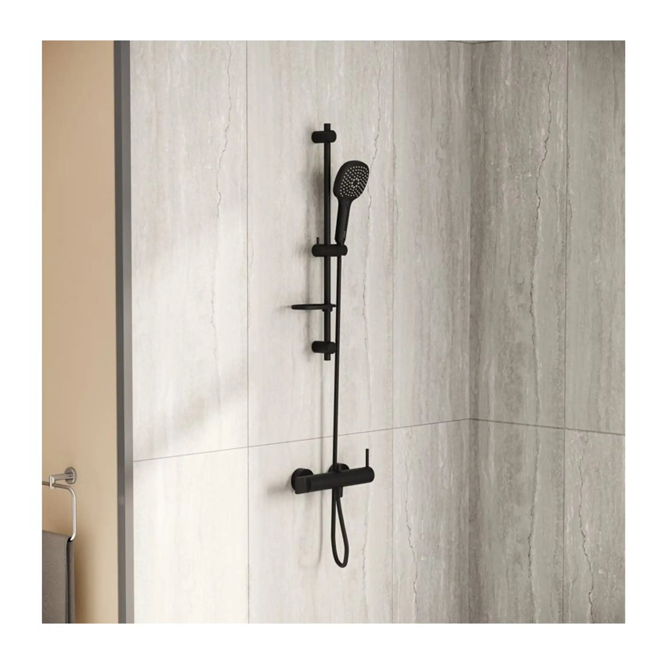 Modern black shower panel with handheld showerhead and adjustable storage shelf, designed for stylish and functional bathroom upgrades.