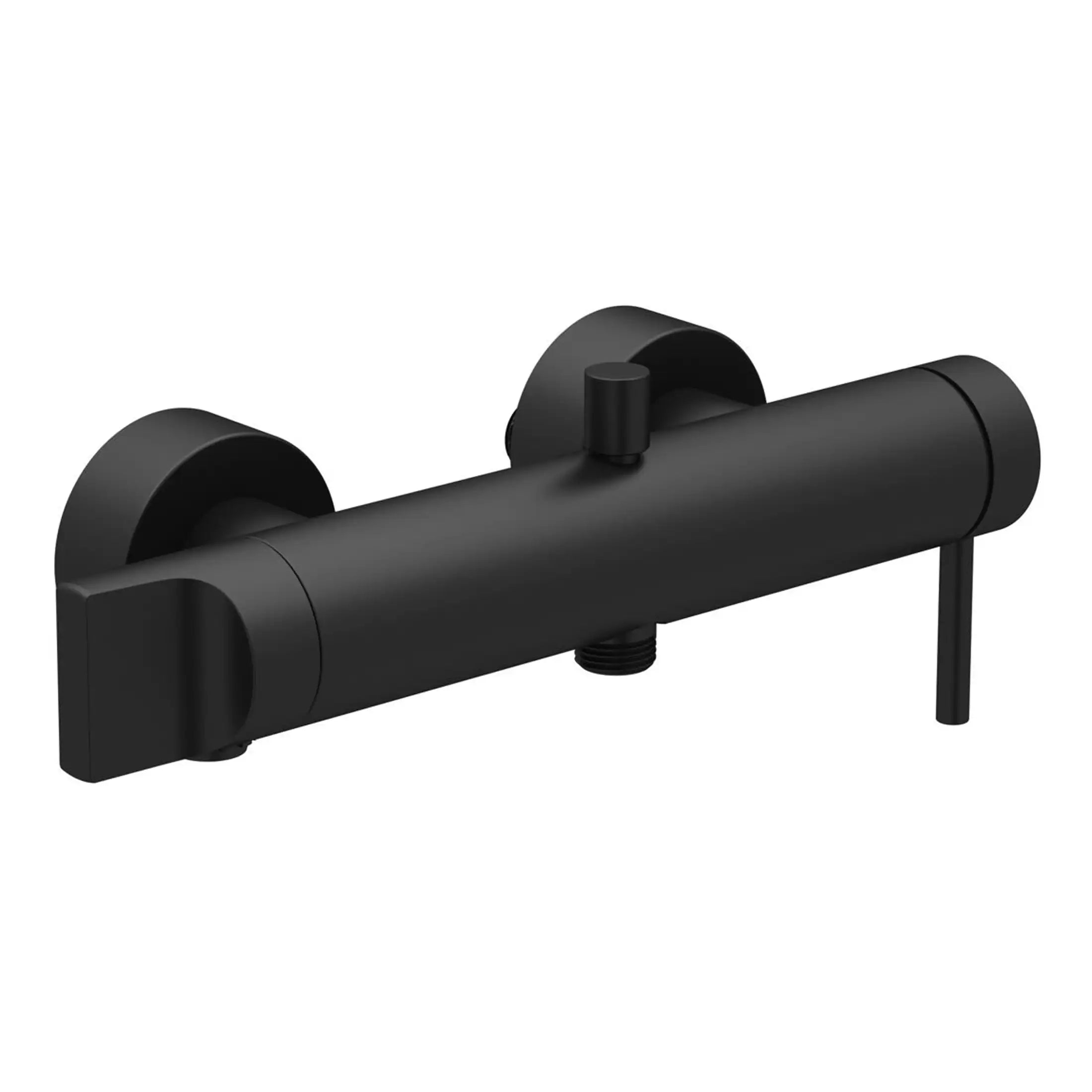 Black matte thermostatic shower valve with integrated flow control and sleek modern design, ideal for contemporary bathrooms. Perfect for precise temperature regulation and stylish wet room installations.