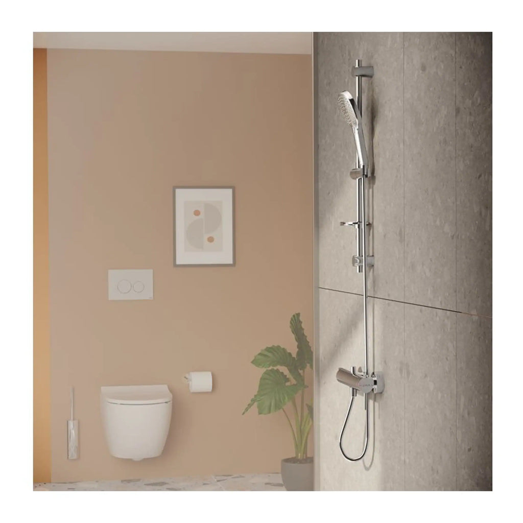 Modern bathroom with a sleek freestanding bath, wall-mounted toilet, minimalist decor, and natural elements for stylish and functional bathroom design.