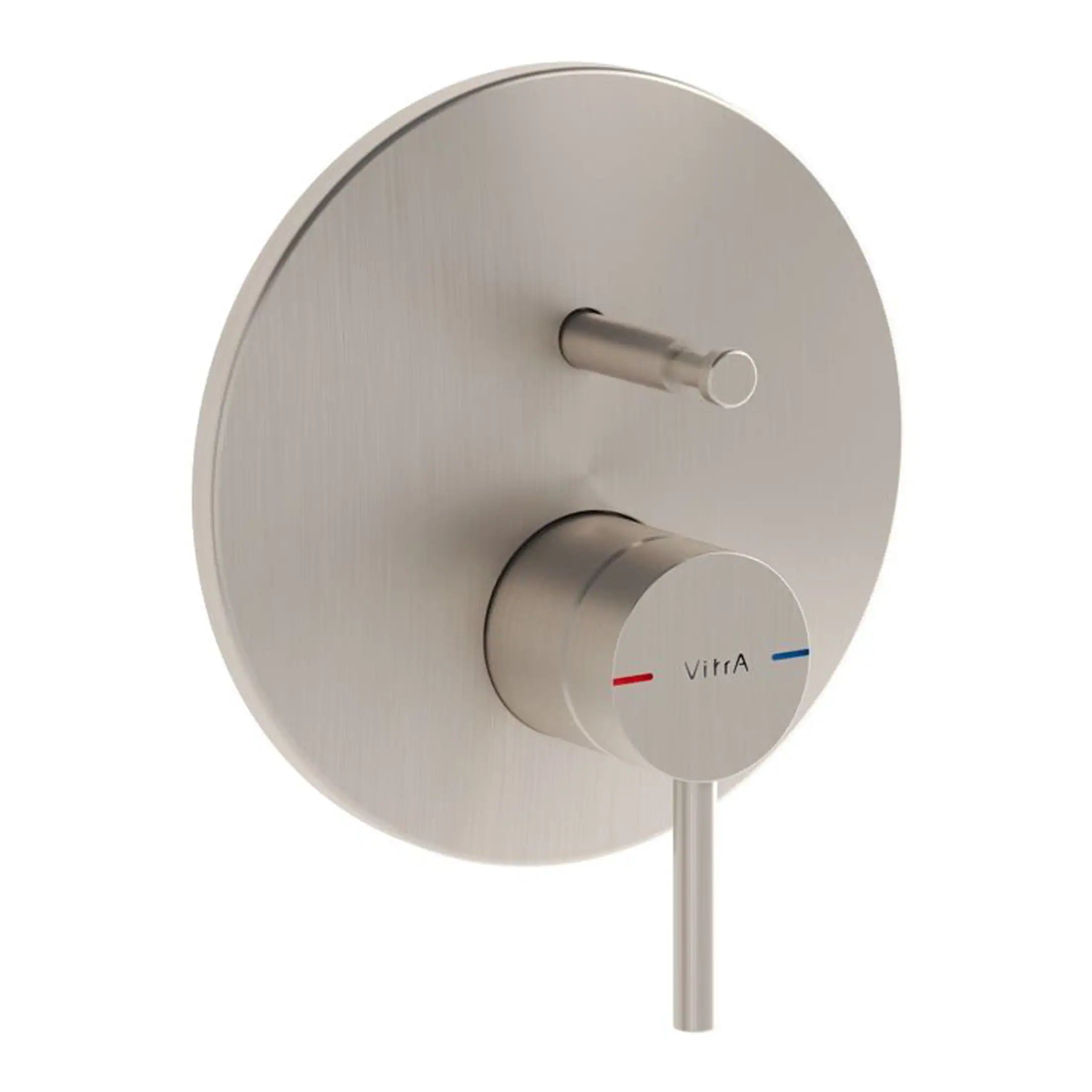 VitrA modern thermostatic shower valve in brushed nickel finish, with temperature control dial and upgrade hand shower attachment, ideal for contemporary bathroom setups.