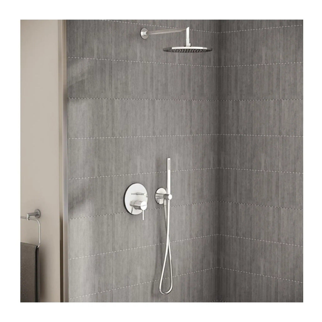 Contemporary grey tiled walk-in shower with rainfall showerhead, handheld shower, and modern control panel in a stylish bathroom.
