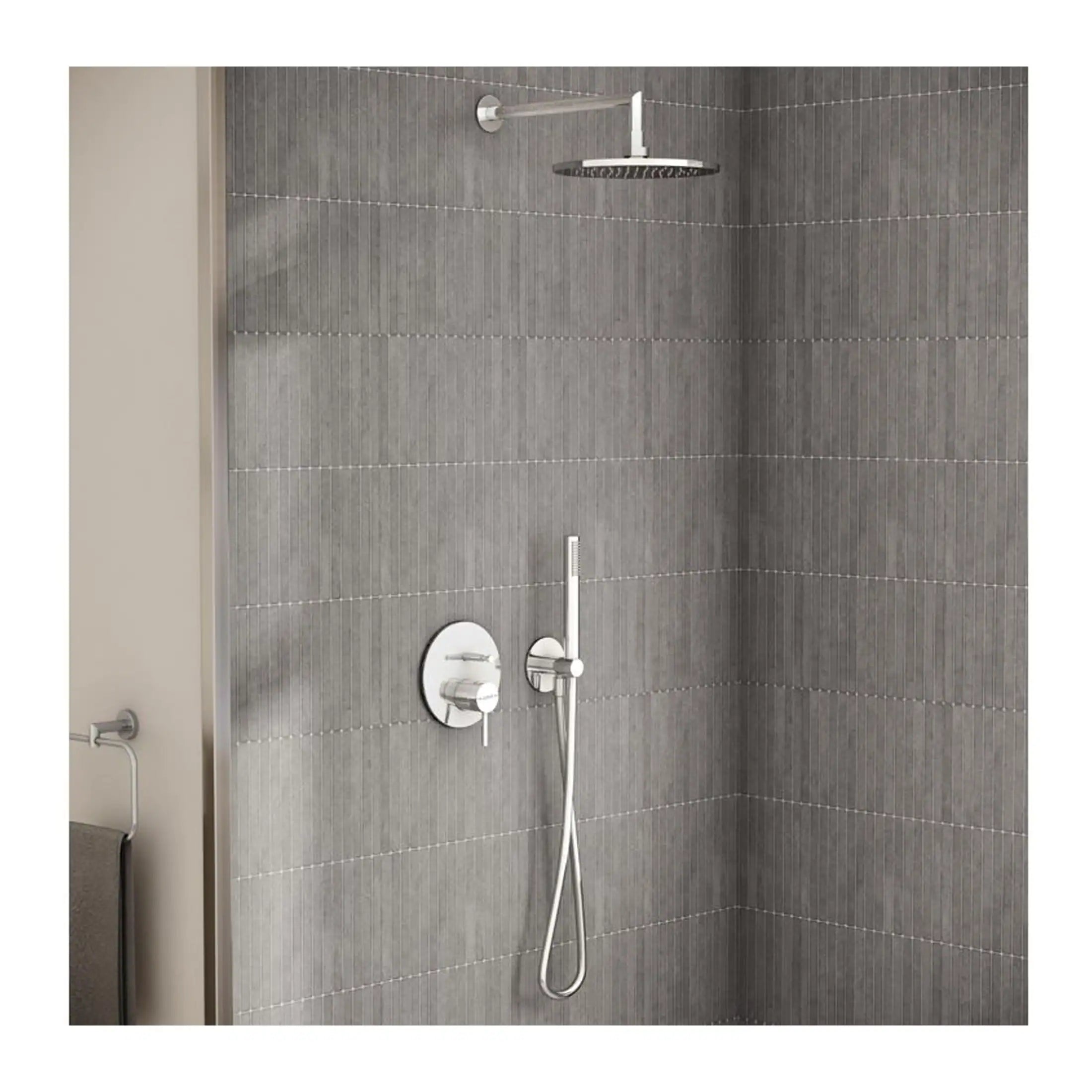 Contemporary grey tiled walk-in shower with rainfall showerhead, handheld shower, and modern control panel in a stylish bathroom.