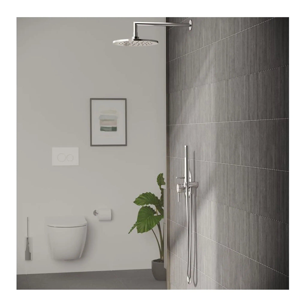 Modern accessible bathroom with walk-in shower, wall-mounted toilet, contemporary fixtures, grey tiled wall, and indoor plant, showcasing stylish and functional bubly bathroom design.