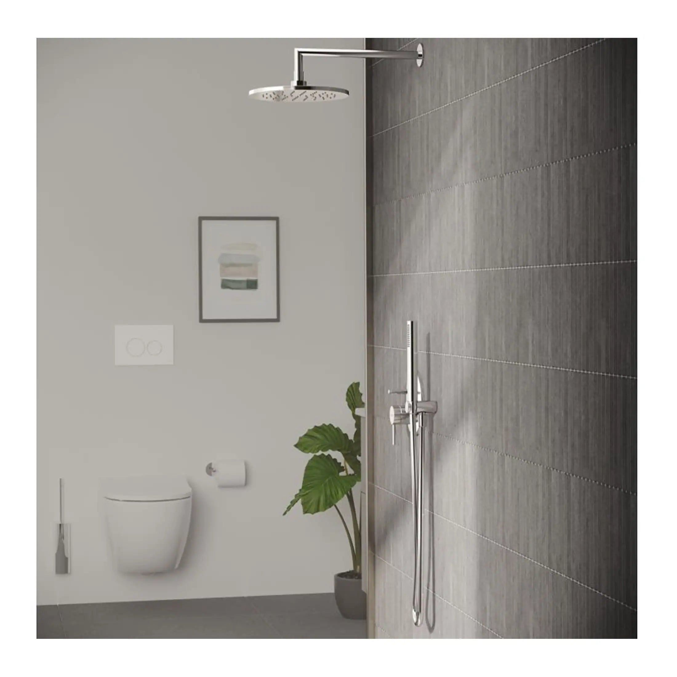 Modern accessible bathroom with walk-in shower, wall-mounted toilet, contemporary fixtures, grey tiled wall, and indoor plant, showcasing stylish and functional bubly bathroom design.