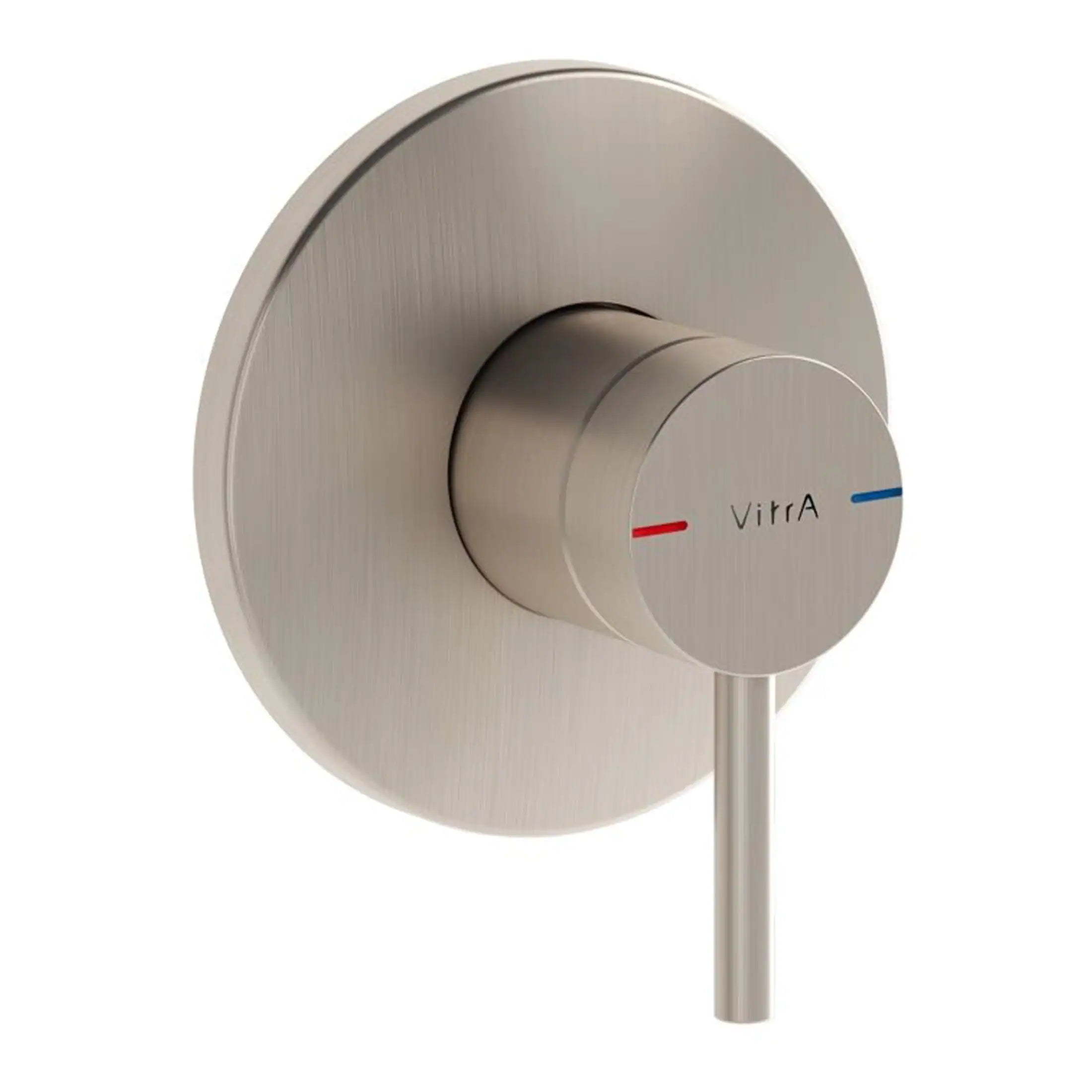 Smooth brushed nickel thermostatic shower control with digital temperature display and dual hot and cold water adjustment.
