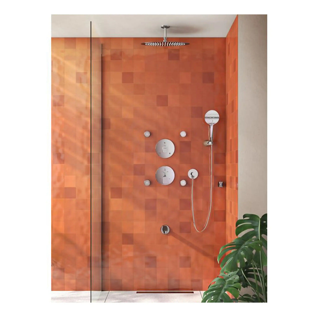Modern walk-in shower with orange tiled walls, rain showerhead, handheld shower, and sleek fixtures, designed for a stylish and functional bathroom upgrade.