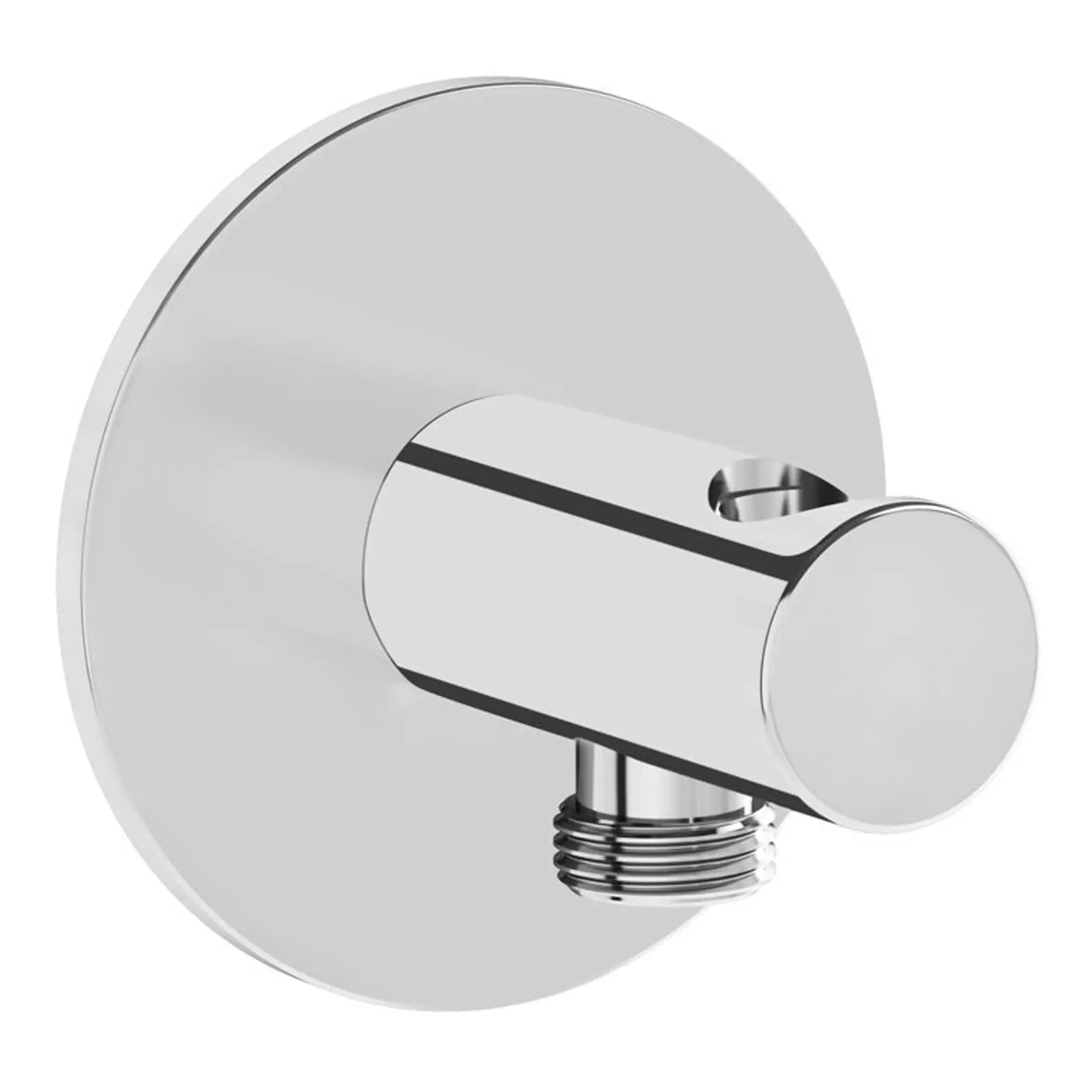 Shower arm wall bracket in polished chrome finish, ideal for modern bathroom fittings.