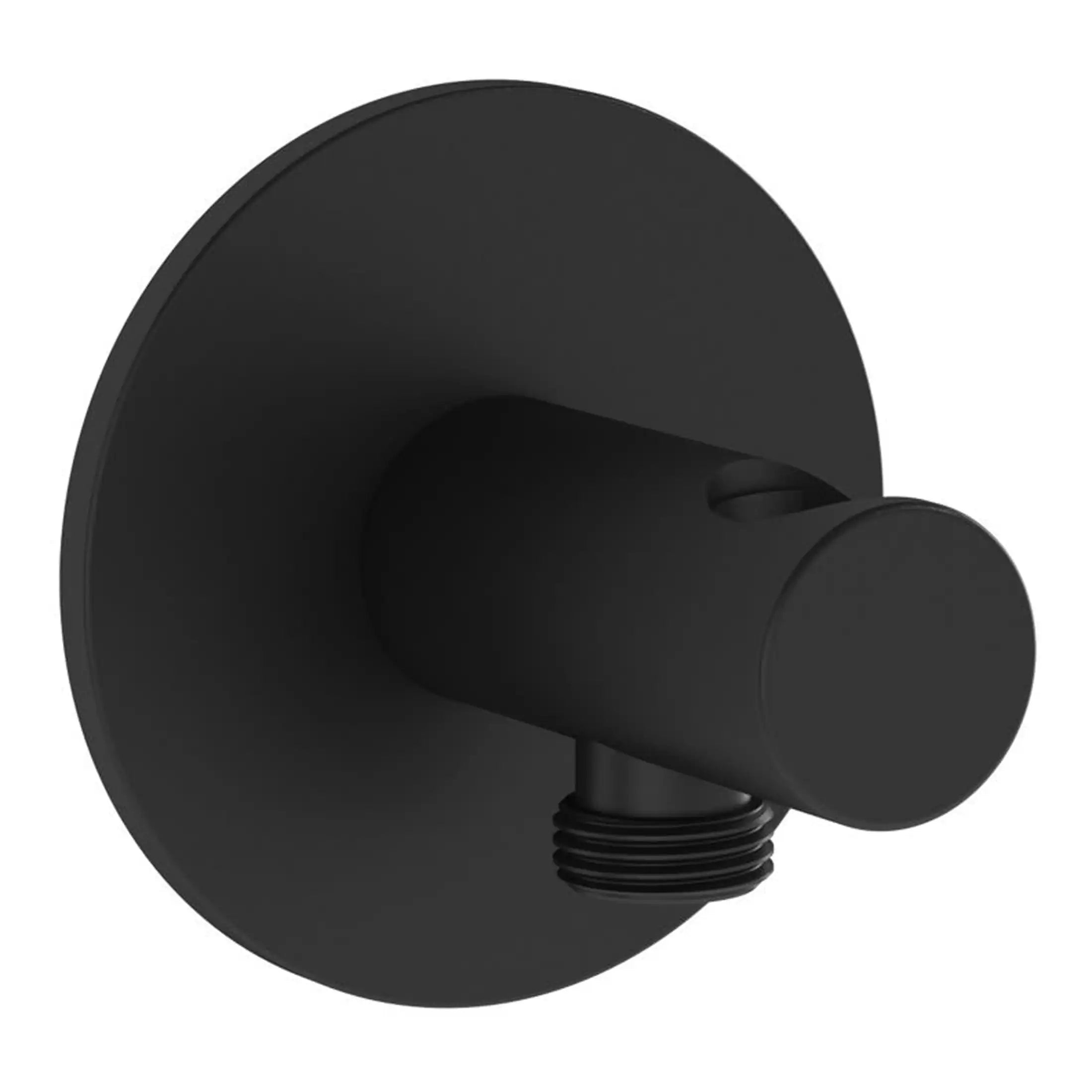 Minimalist black shower valve with round backplate, modern and sleek bathroom fixture for bathroom renovation and design.