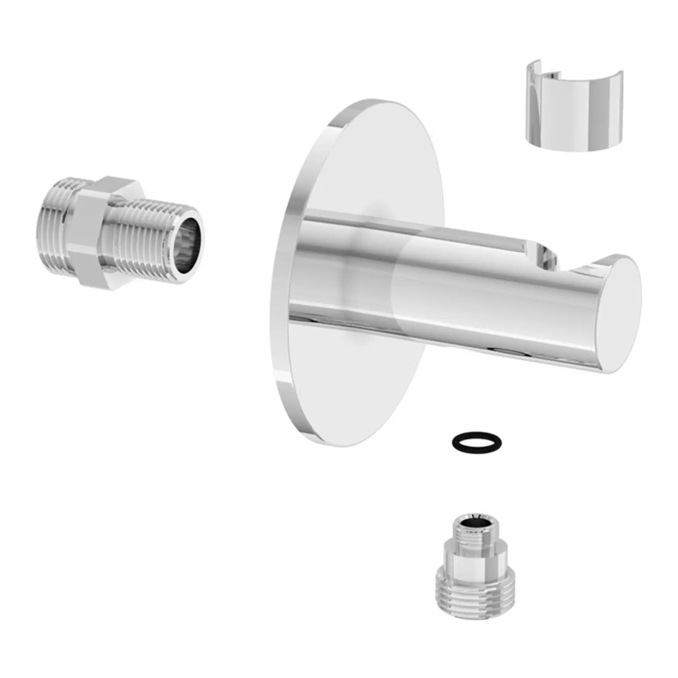 Sleek chrome bathroom tap spout with mounting accessories and O-ring, ideal for modern bathroom sink installations.