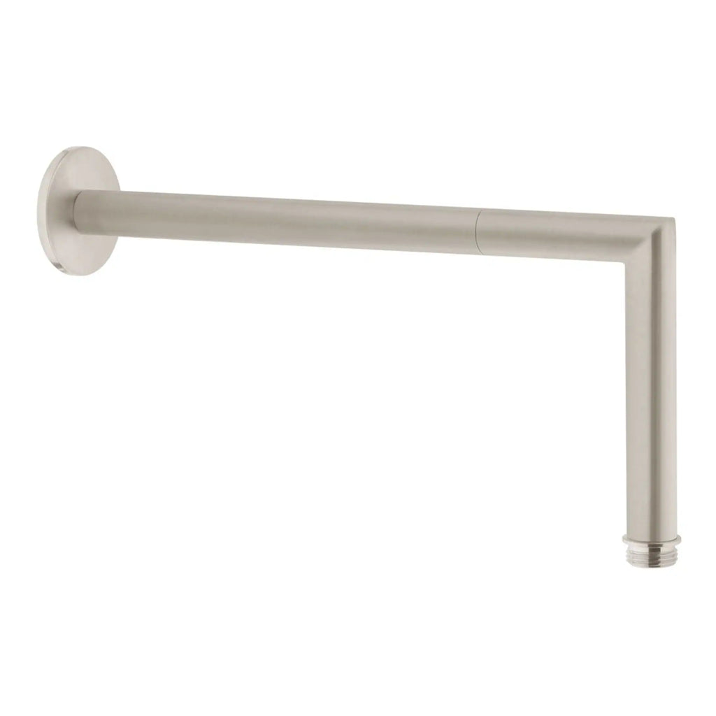Sleek brushed nickel bathroom shower arm for modern shower head installation. Durable, high-quality plumbing fixture designed for easy mounting and leak-free operation. Perfect for contemporary bathroom upgrades.