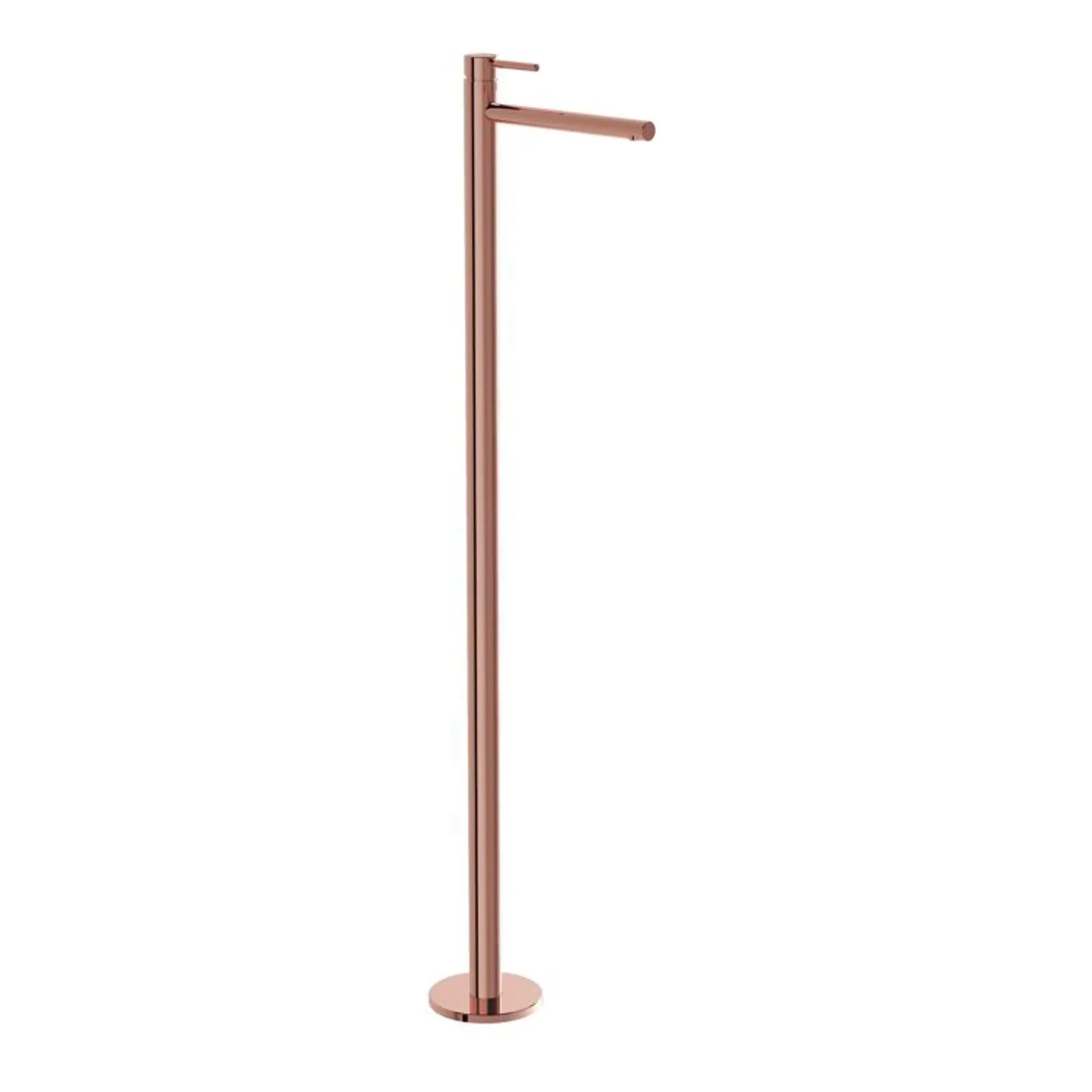 Sleek rose gold freestanding bathroom tap with modern minimalist design for stylish baths and sinks. Durable, easy to install, ideal for contemporary bathroom upgrades.